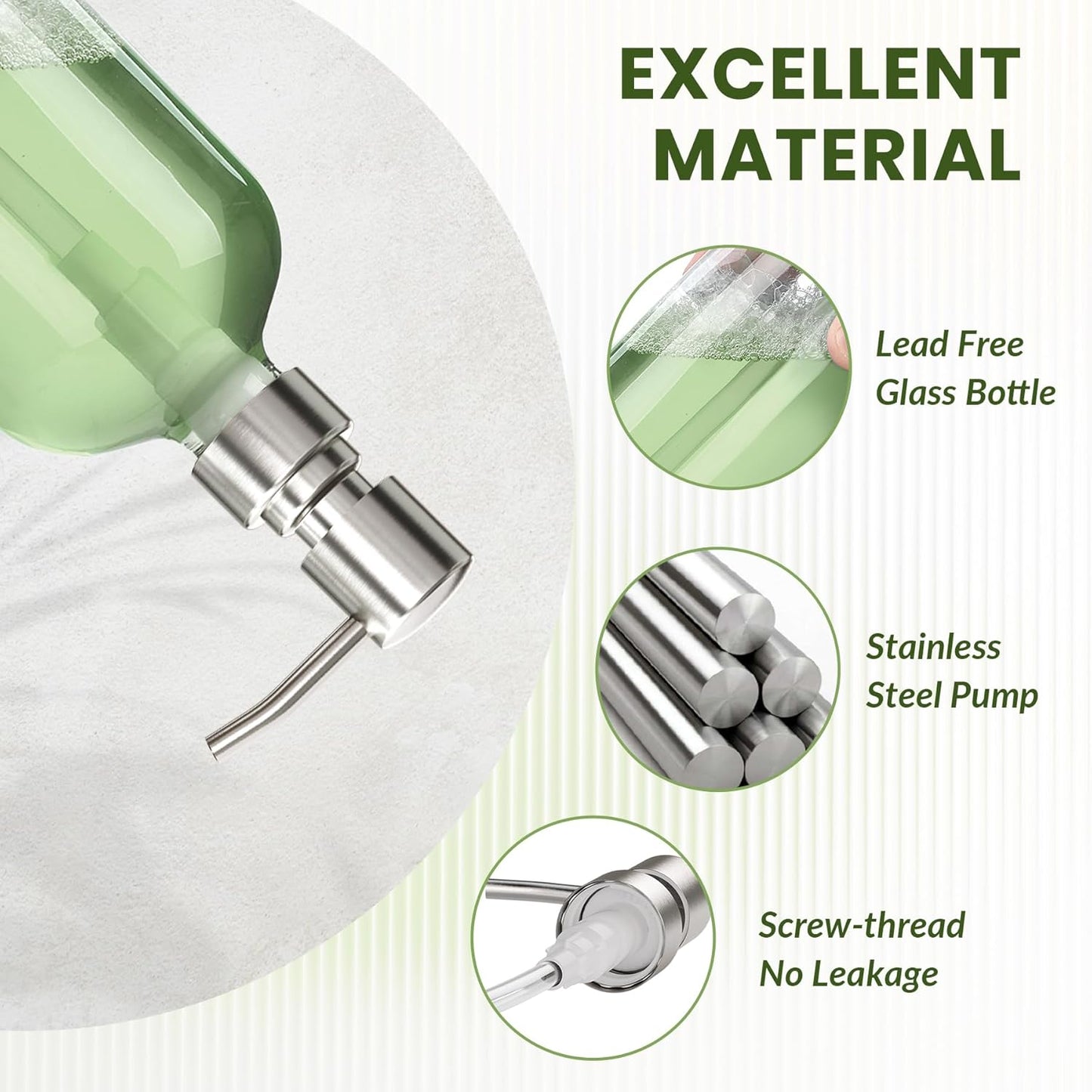 AmazerBath Soap Dispenser, 2 Pack Glass Soap Dispenser with Pump Stainless Steel, 17 Oz Hand Soap