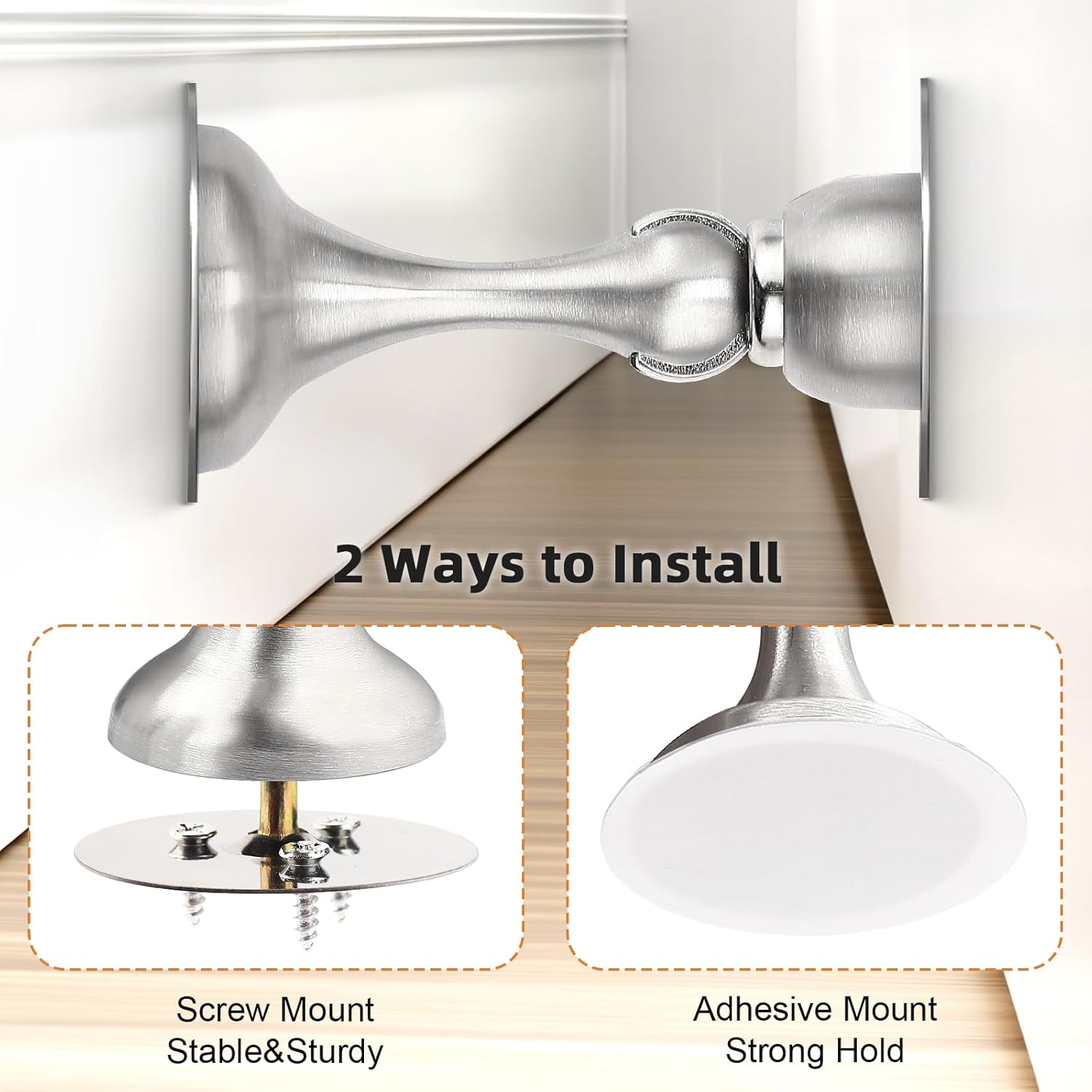 Probrico Brushed Nickel Magnetic Door Stoppers for Bottom of Door, Stainless Steel Magnet Door
