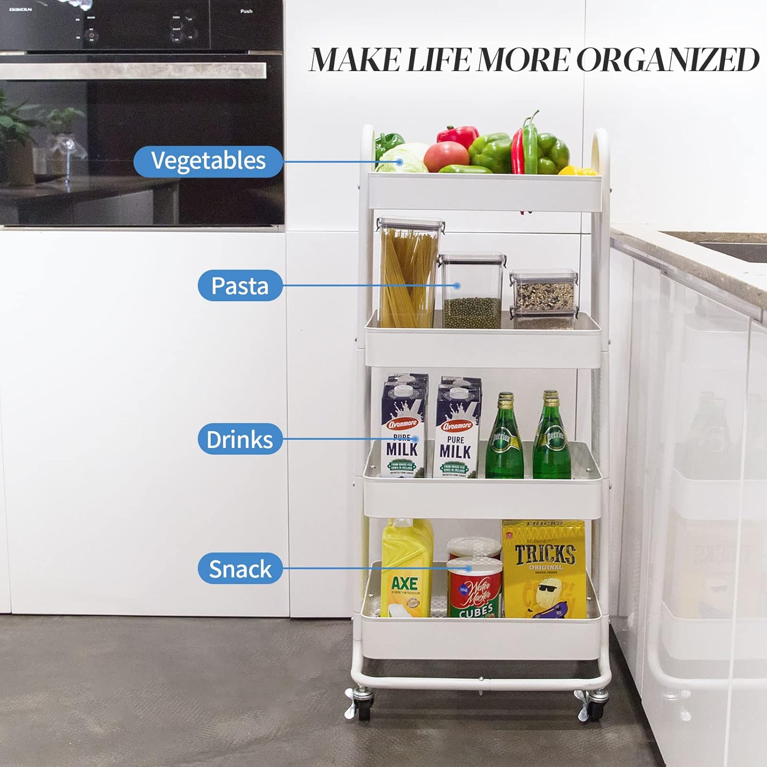 elabo 4-Tier Metal Mesh Utility Rolling Cart, Storage Organizer Trolley Services Cart with Lockable