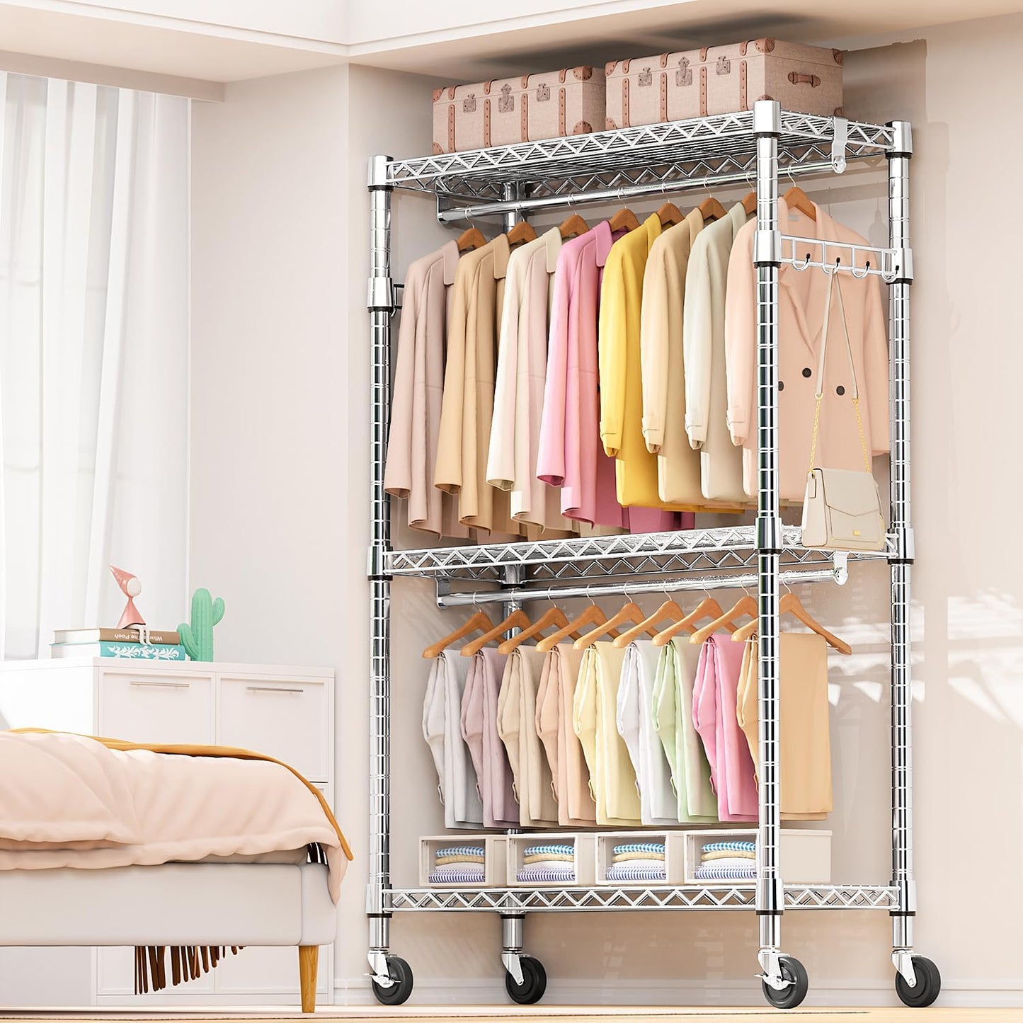 Heavy Duty Rolling Garment Rack 3 Tiers Adjustable Wire Shelving Clothes Rack with 2 Rods and Side