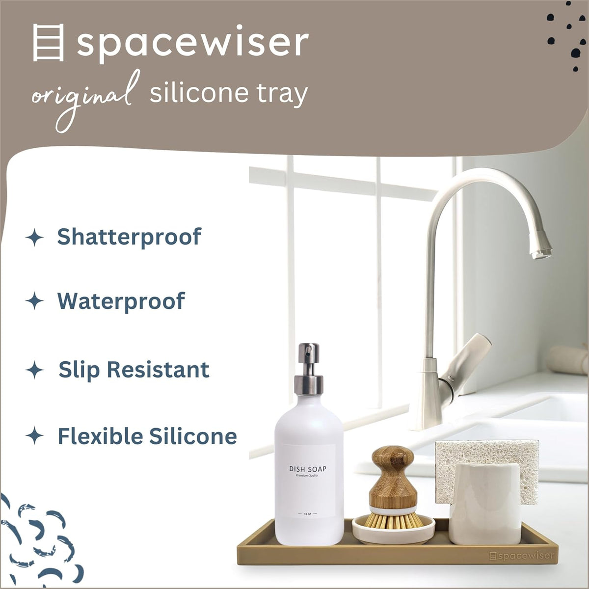 Countertop and Vanity Tray - 11.7" Silicone Bathroom Tray, Flexible Dish Soap Holder for Kitchen