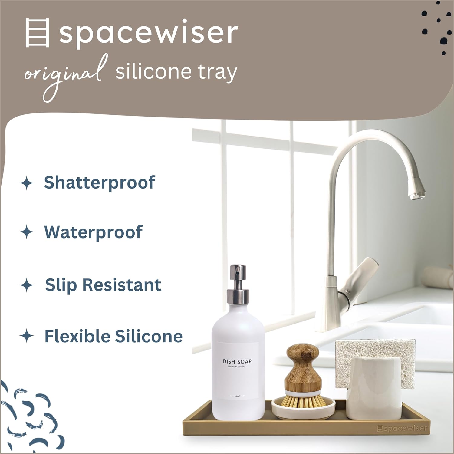 Countertop and Vanity Tray - 11.7" Silicone Bathroom Tray, Flexible Dish Soap Holder for Kitchen