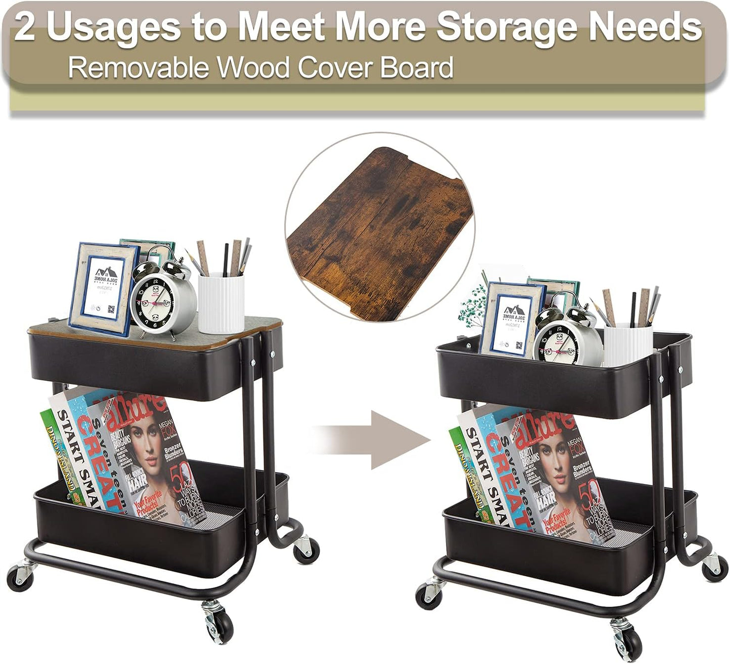 Melody House 2-Tier Metal Utility Rolling Cart Storage Organizer with Cover Board Mobile Trolley