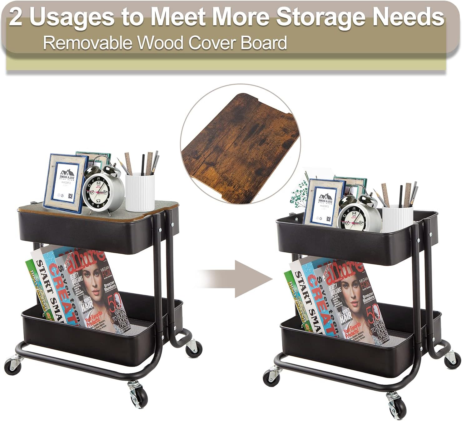 Melody House 2-Tier Metal Utility Rolling Cart Storage Organizer with Cover Board Mobile Trolley