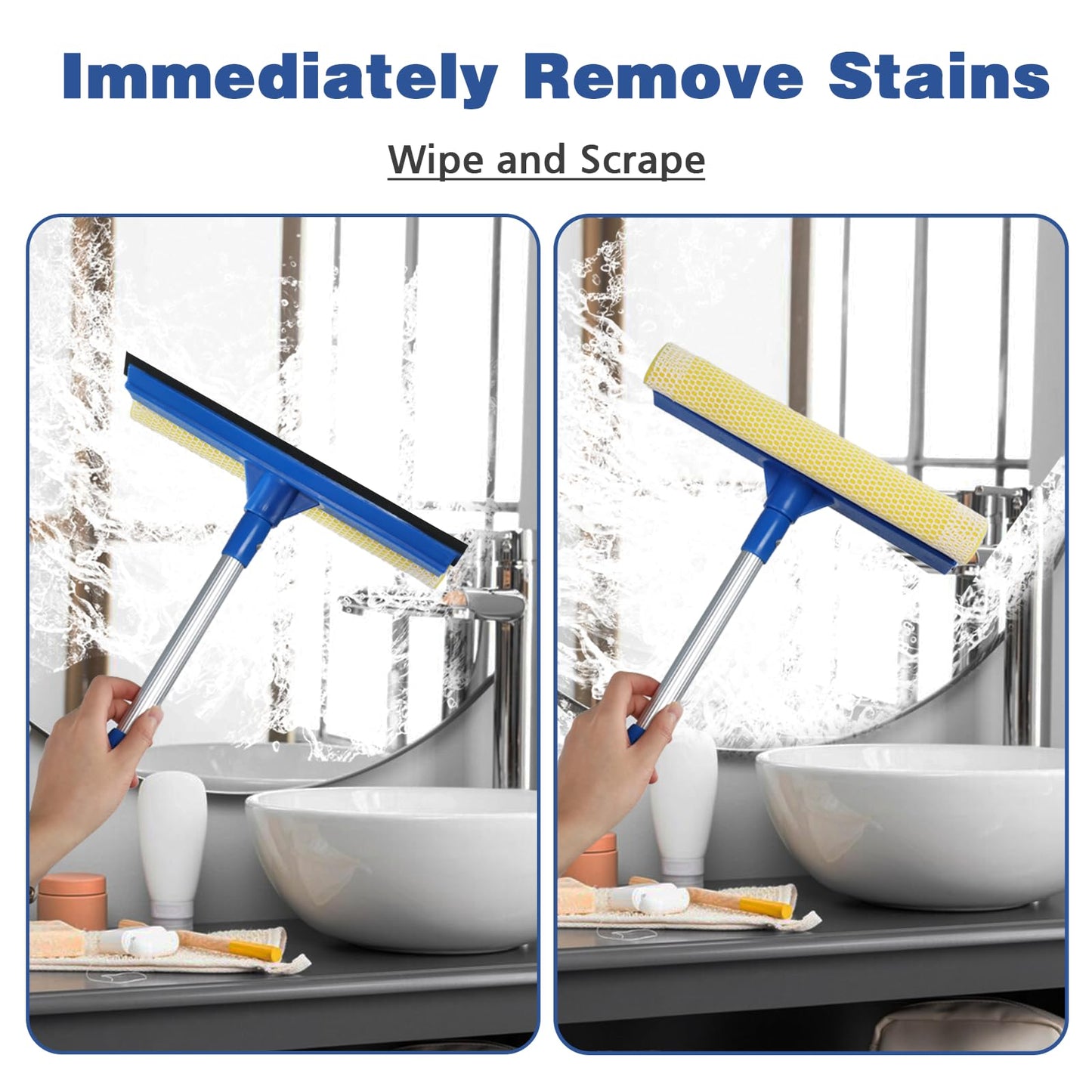 Professional Window Squeegee,2 in 1 Squeegee Window Cleaner with Long Stainless Steel Handle,Sponge