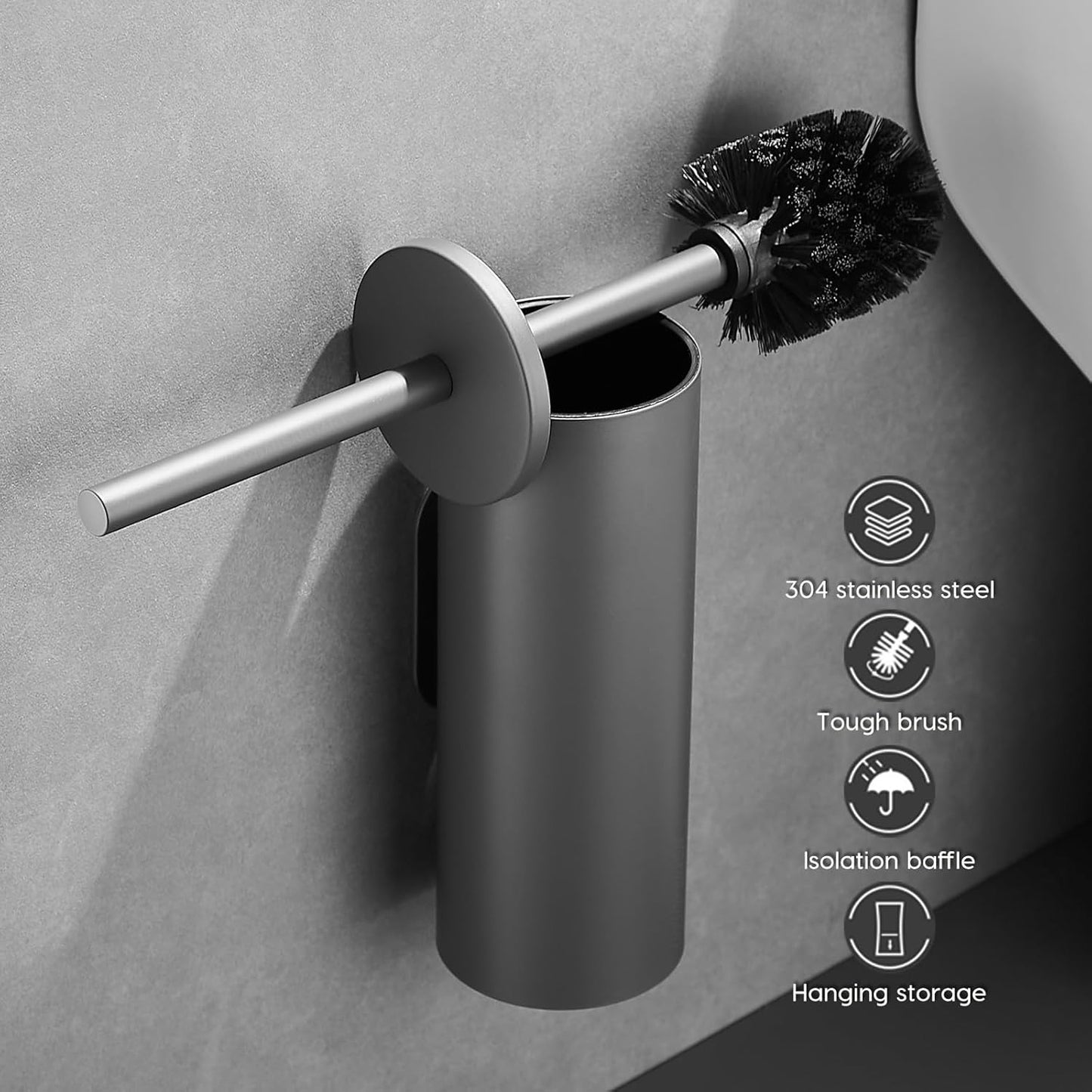 Stainless Steel Toilet Brush and Holder Set, No-Punch Hook Base Dual Purpose Toilet Brush Holder