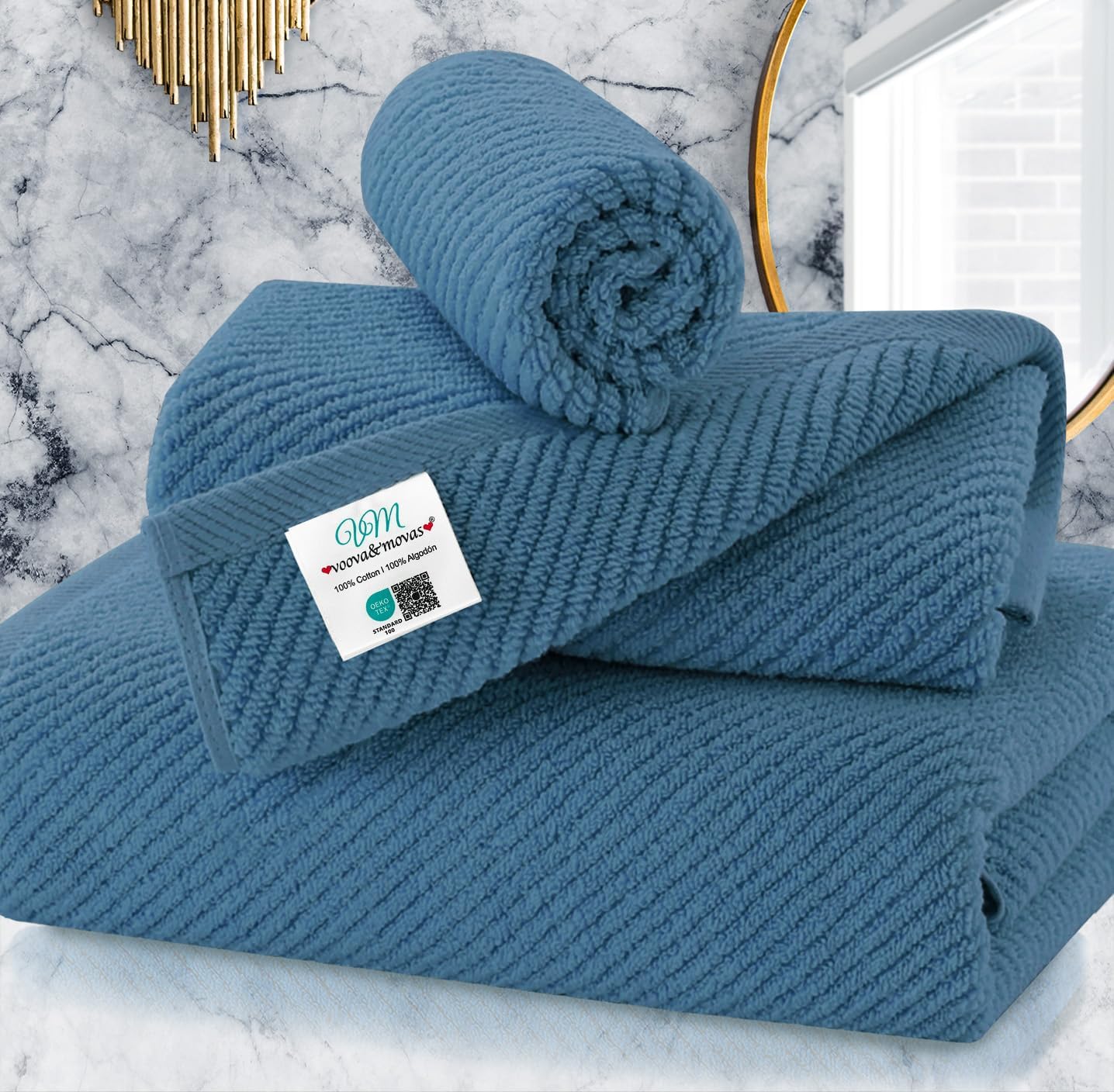 VOOVA & MOVAS Labrador Blue Towels for Bathroom, 100% Cotton | Quick Dry | Soft | Thick, 3 Piece