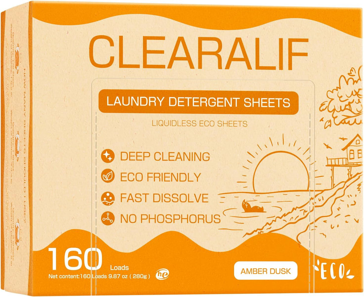 Laundry Detergent Sheets Up to 160 Loads, Amber Dusk - Great For Travel,Apartments, Dorms,CLEARALIF