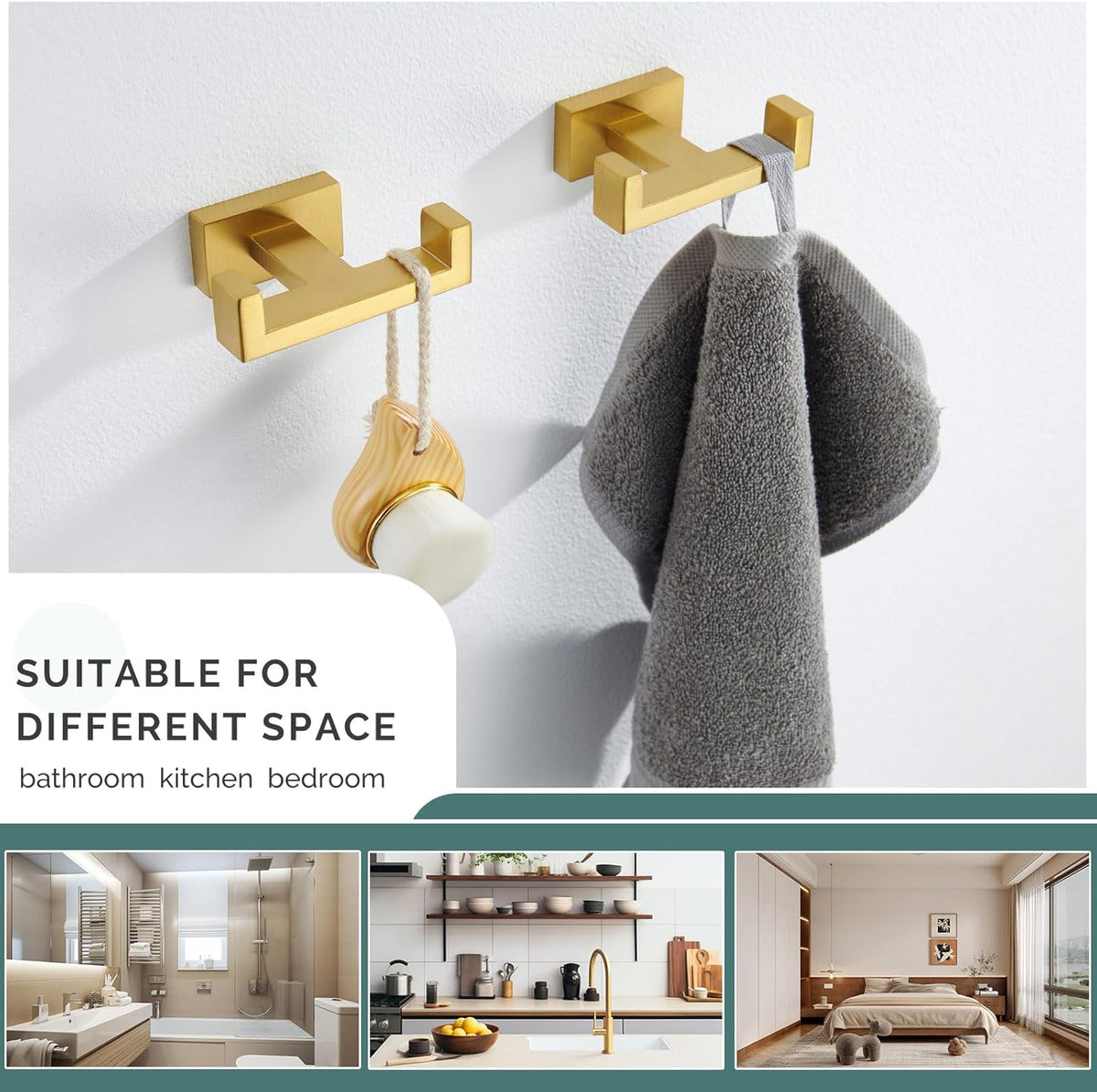Angle Simple Double Towel Hook Brushed Gold 2 PCS, SUS304 Stainless Steel Bathroom Hand Towel