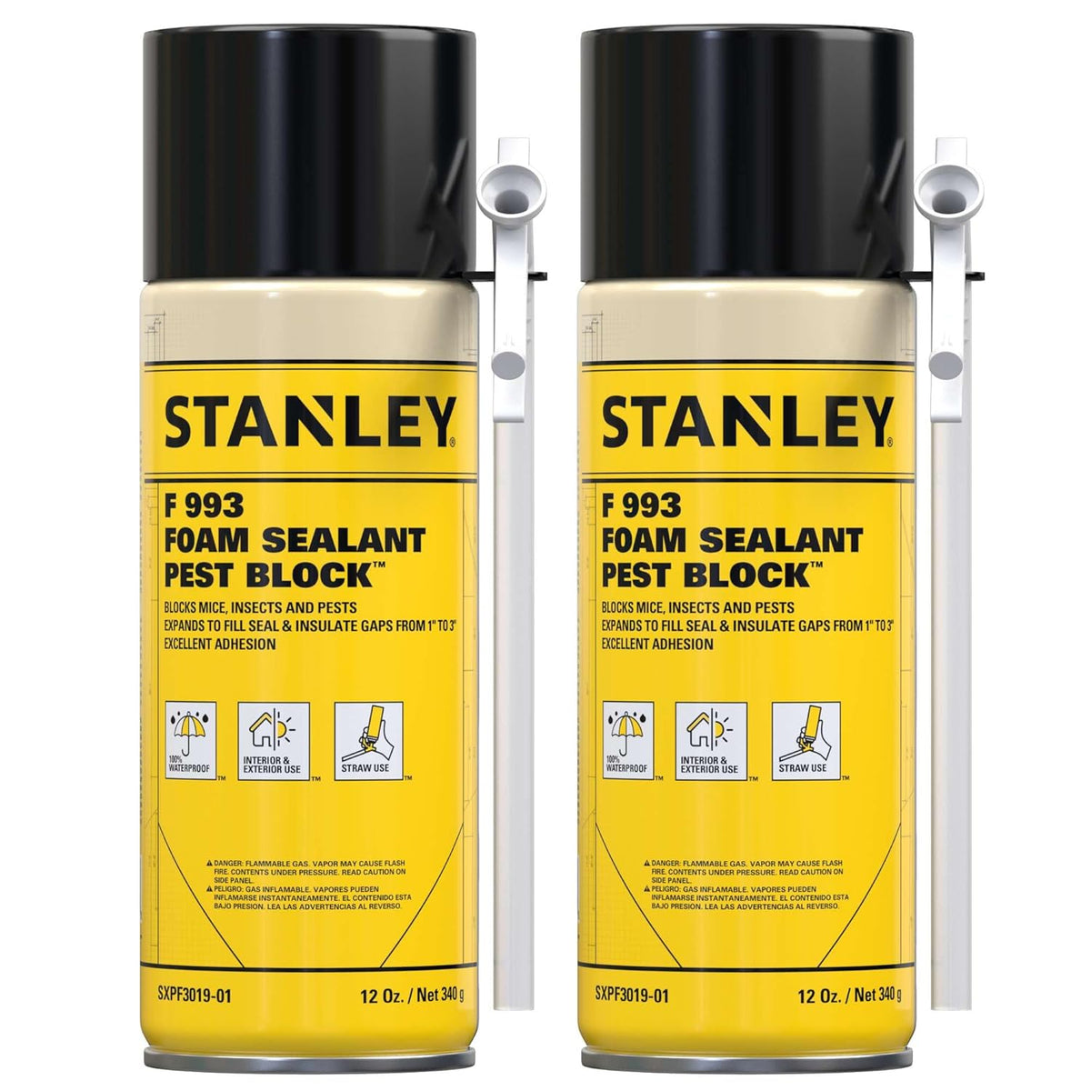 Stanley F993 Expanding Foam Sealant Spray – (2x12oz) Gaps & Cracks Filler, PestBlocker for