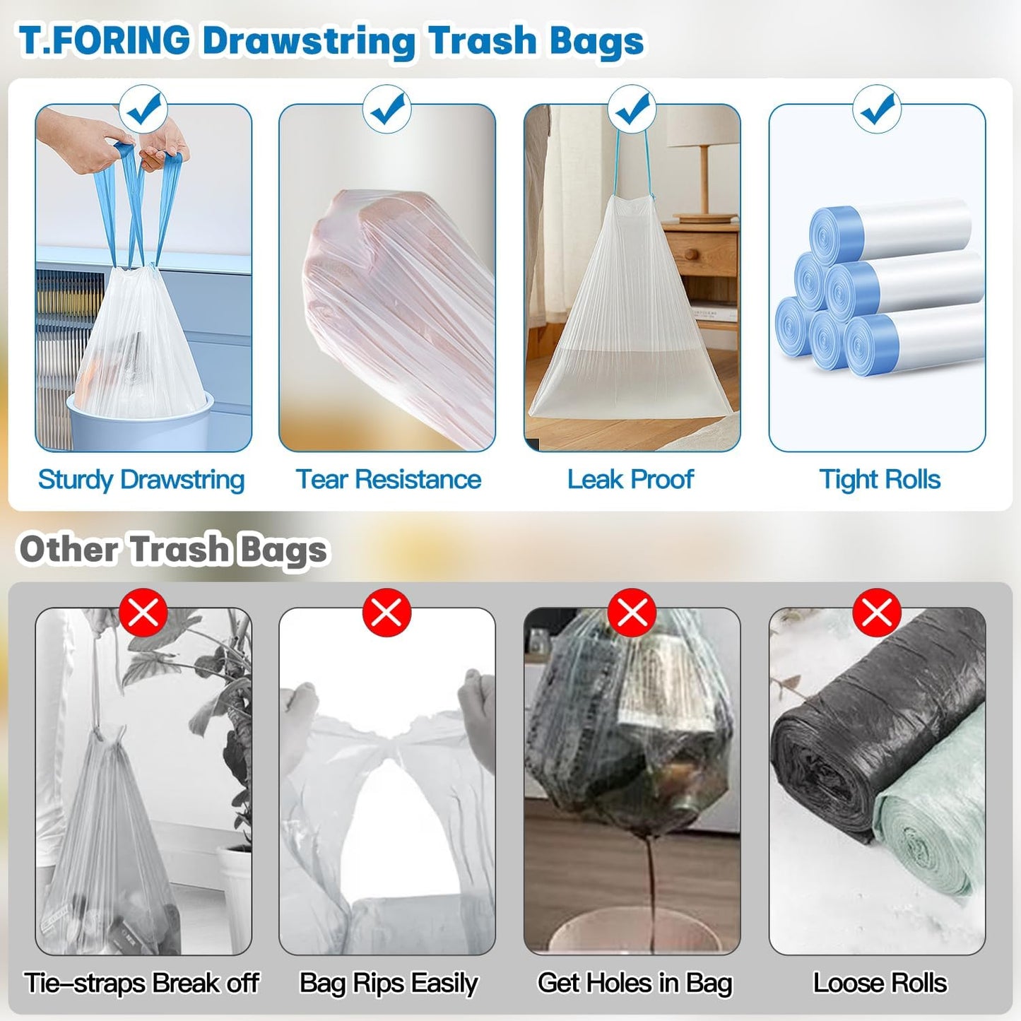 Small Trash Bags 4 Gallon with Drawstring, 1.1 Mil 15 Liter White Thick Unscented Small Plastic