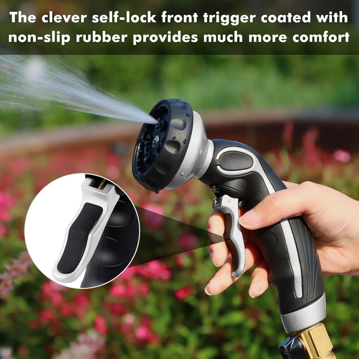 RESTMO Hose Nozzle with Easy Self-Lock Trigger, Heavy Duty Metal Water Hose Sprayer with 9 Spray