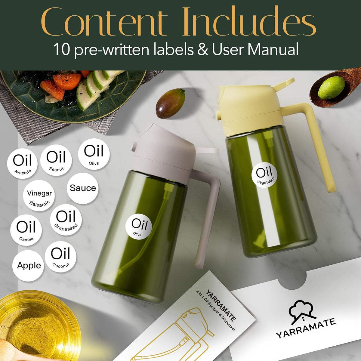 YARRAMATE 16oz/470ml Light-Blocking Dark Oil Sprayer for Cooking, 2 in 1 Olive Oil Dispenser Bottle