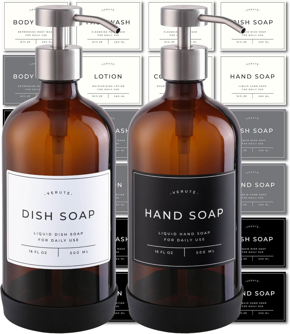 16oz Glass Soap Dispenser with Stainless Steel Pump, 21 Waterproof Labels, Non-Slip Protective