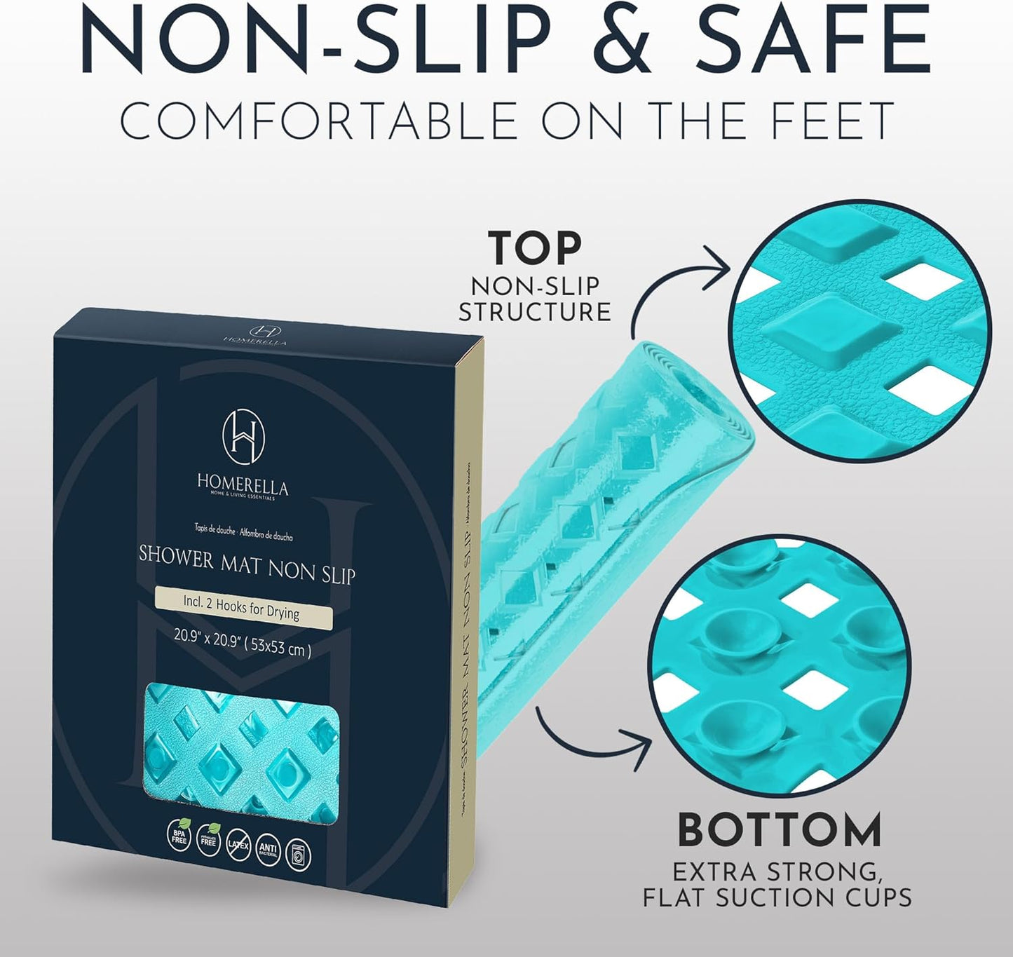 Homerella Anti Slip Shower Mat | Anti Mold Non Slip Bathtub Mat for Inside Shower | Square Floor