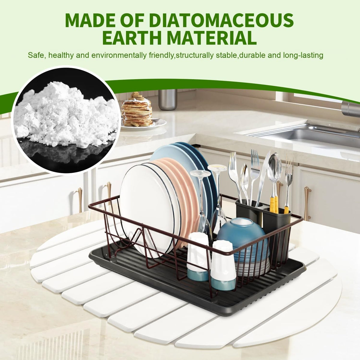 Stone Drying Mat for Kitchen Counter Oval, 23.62"x15.35", Collapsible Quick Dry Dish Drying Mat