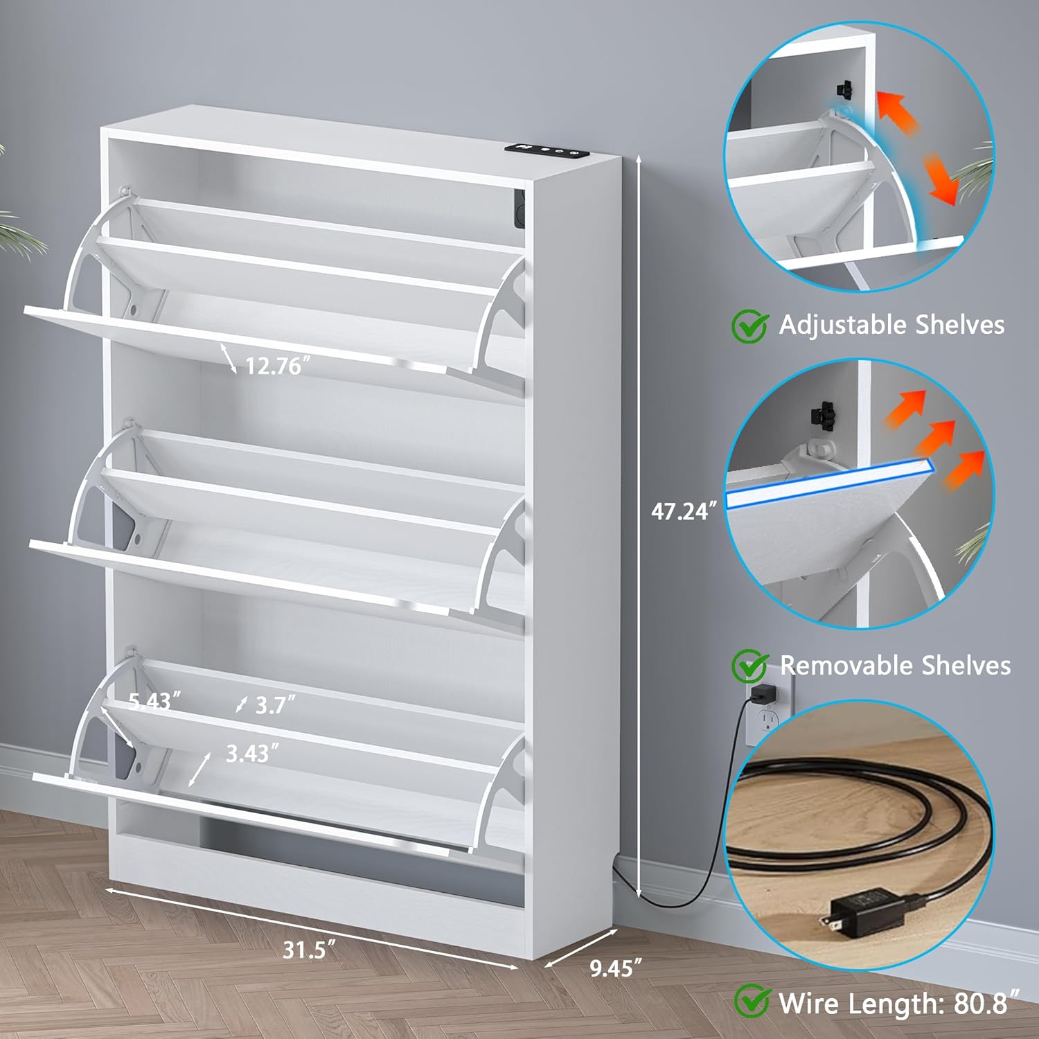Shoe Cabinet with Odor Control and Back Panels, Deodorizing Slim 3-Flip Shoe Storage Cabinet for