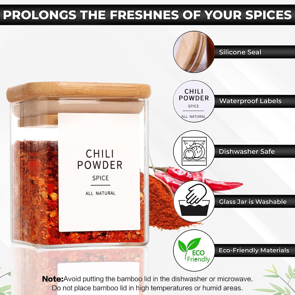 12 Pcs Square Glass Spice Jars with Natural Bamboo Lids - 5oz Airtight Herb Containers with 148