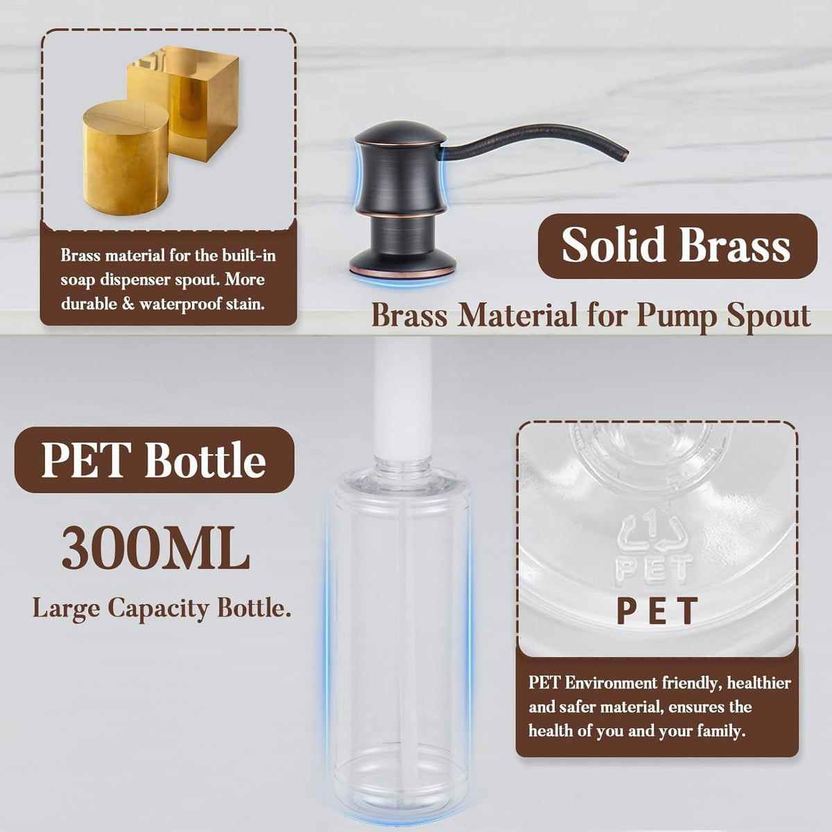 Built in Soap Dispenser for Kitchen Sink Countertop, Solid Brass Pump Head Long Spout with 10.2