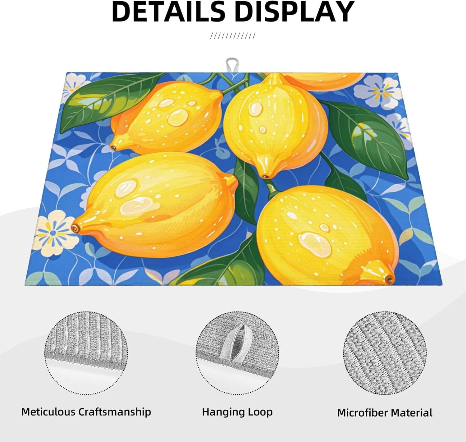 lemon Dish Drying Mat Highly Absorbent Double-Sided Microfiber with Hanging Loop Reversible Drain