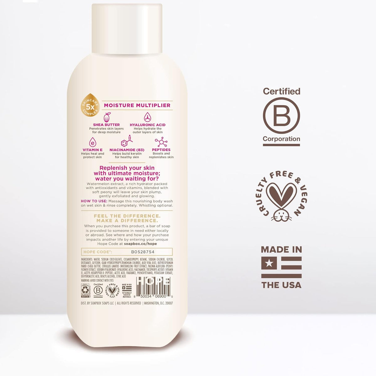 Soapbox Body Wash, Watermelon + Peony Body Wash for Women, Men, Vegan & Antioxidant Rich