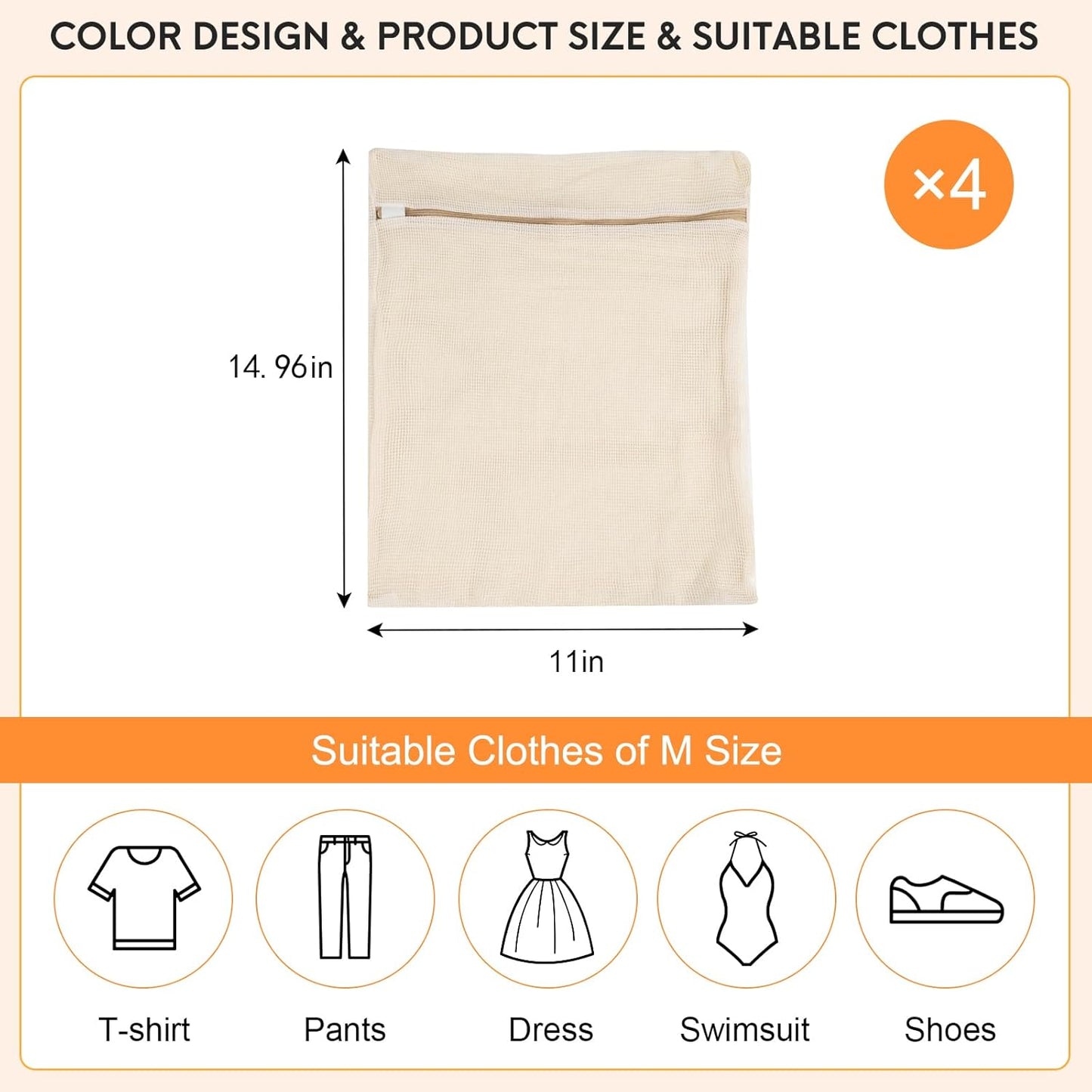 4-Piece Medium Durable Organic Cotton Mesh Laundry Bags with Sturdy Zippers and Breathable Mesh are