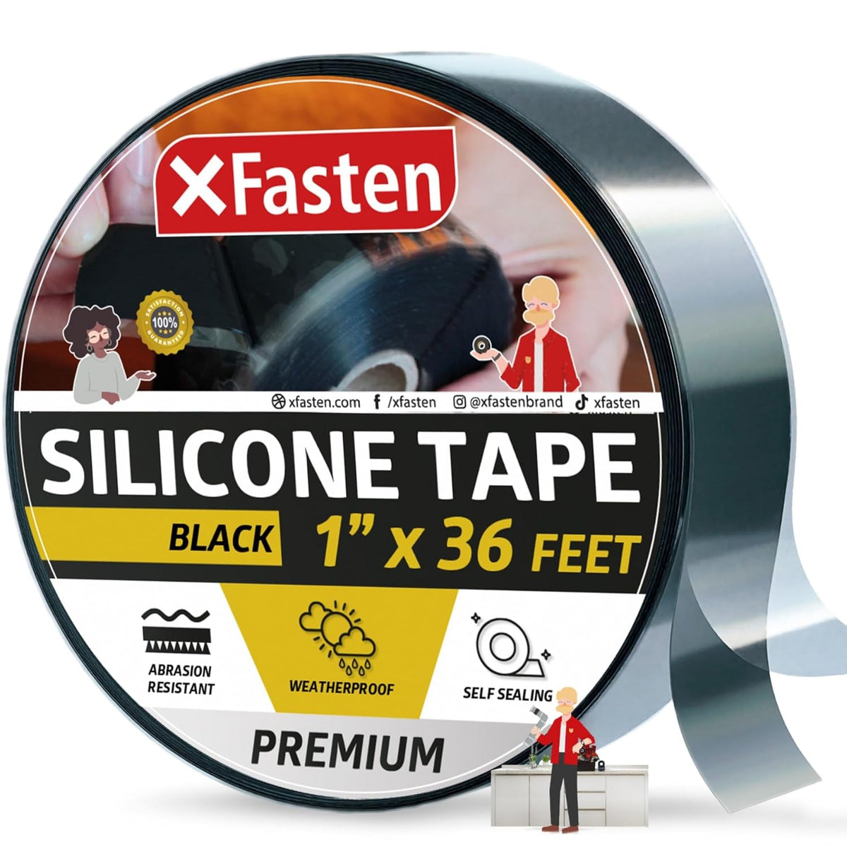 XFasten Self Fusing Silicone Tape Waterproof – 1" x 36 Feet Black, Self Amalgamating Tape, Silicone