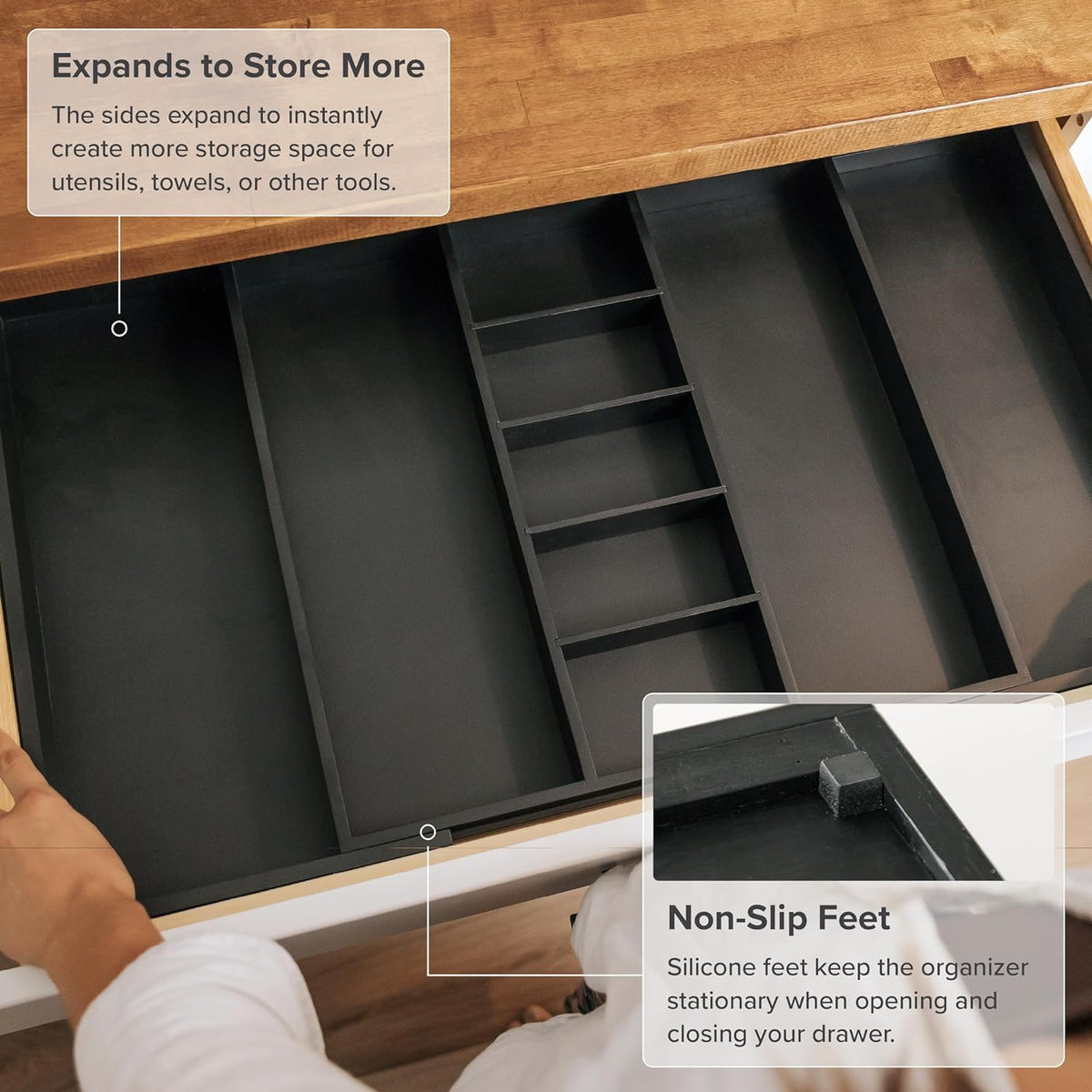 KitchenEdge Adjustable Kitchen Drawer Organizer for Utensils and Junk, Food-Safe Contract Grade