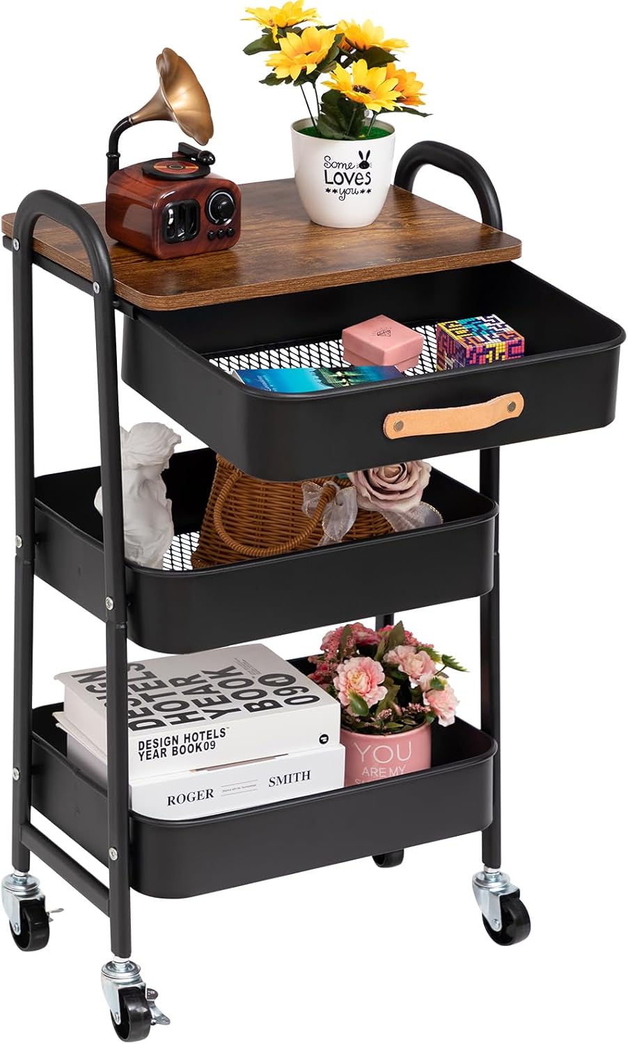AGTEK Movable Rolling Organizer Cart with Drawer, 3 Tier Metal Utility Cart with Hanging Cups