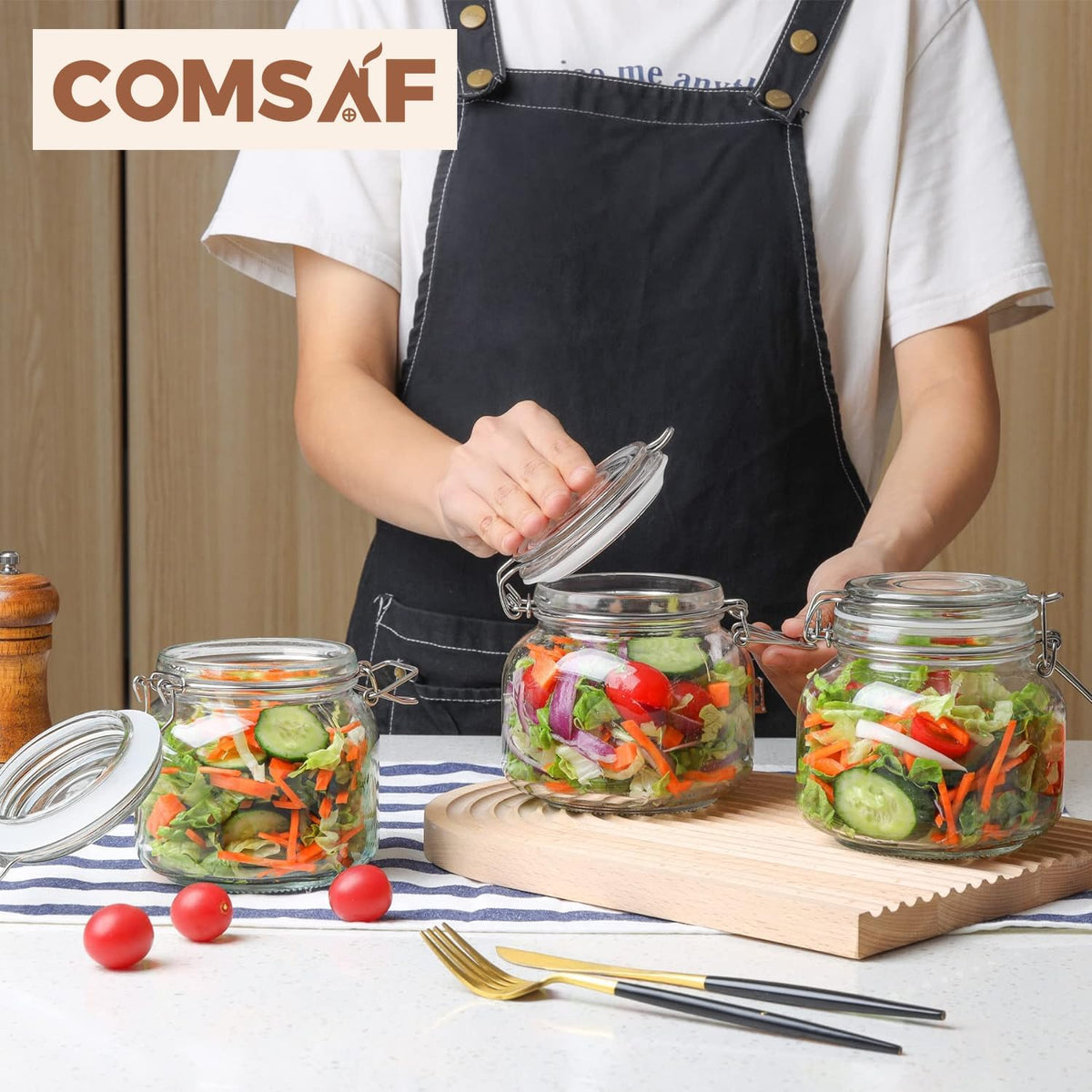 ComSaf 25oz Airtight Glass Canisters with Lids Set of 6, Square Food Storage Jar Container with