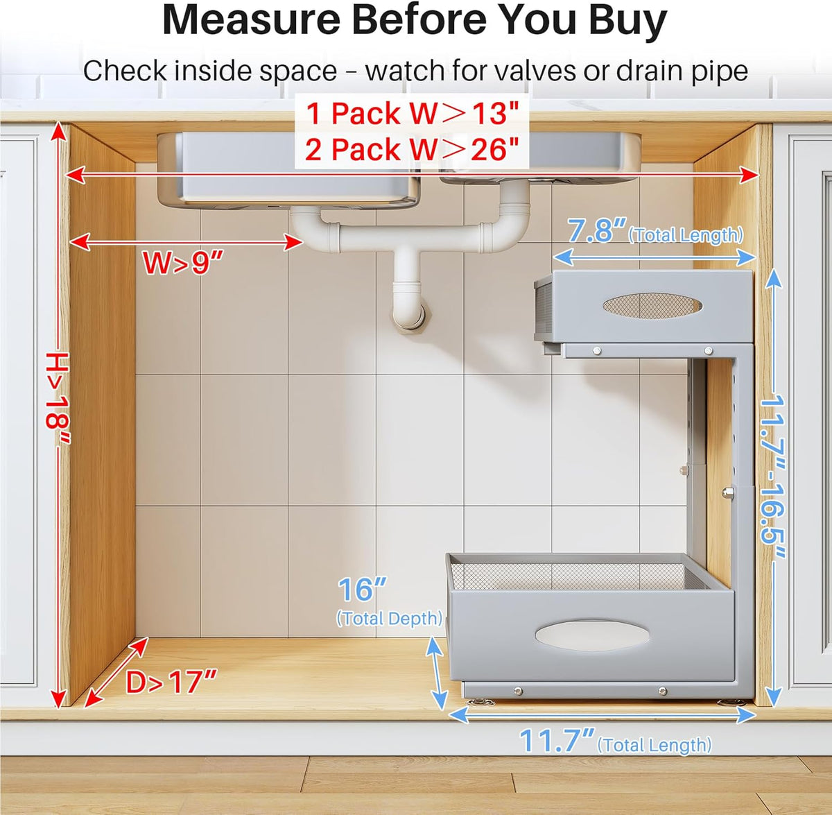 Under Sink Organizer, 2 Tier Pull Out Under Cabinet Organizer Shelf with Pad for Framed Cabinets