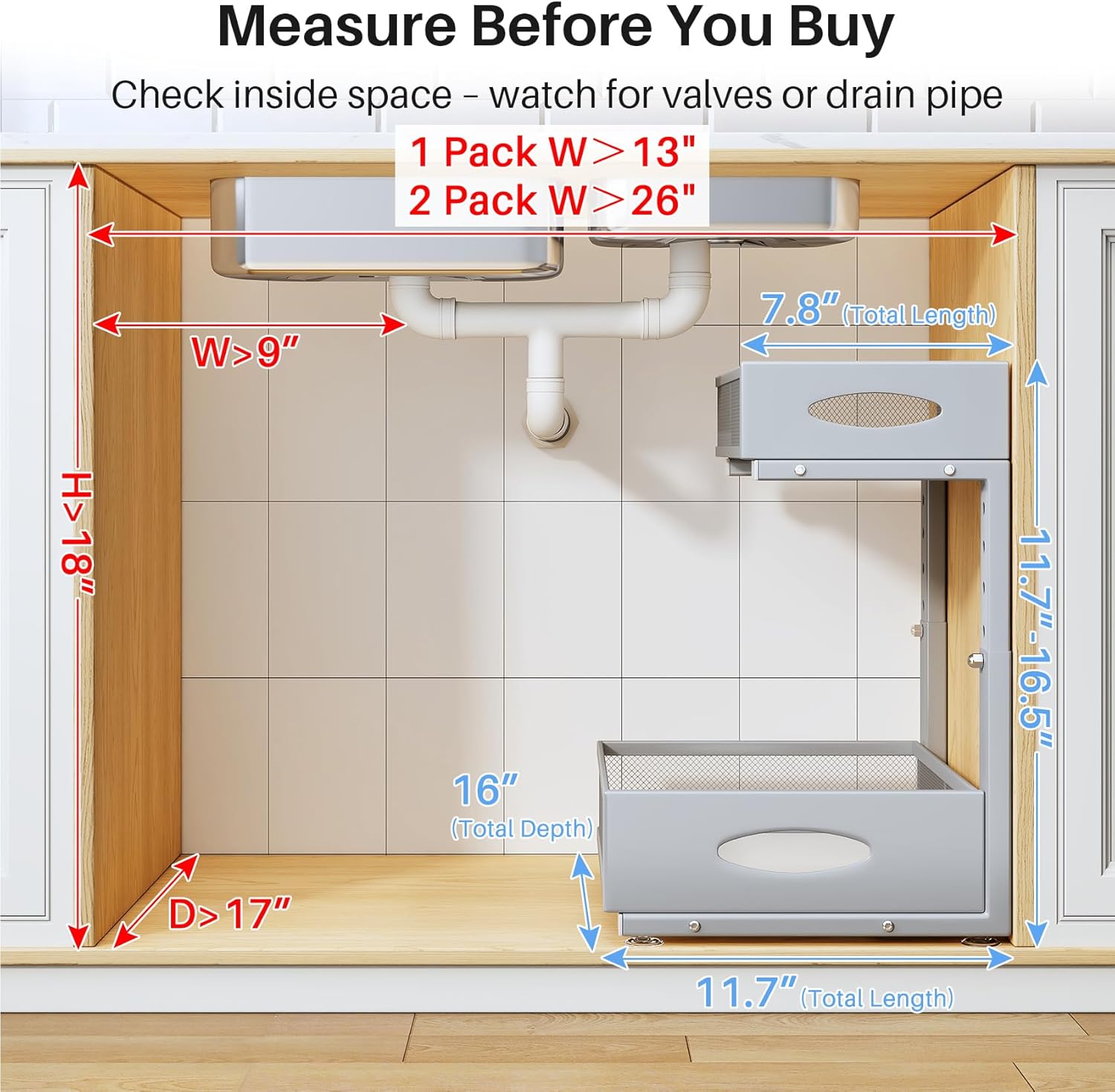 Under Sink Organizer, 2 Tier Pull Out Under Cabinet Organizer Shelf with Pad for Framed Cabinets