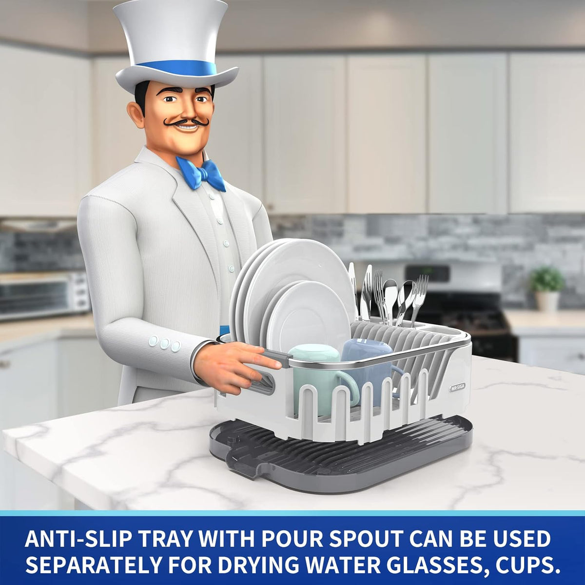 MR.SIGA Dish Drying Rack for Kitchen Counter, Compact Dish Drainer with Drainboard, Utensil Holder
