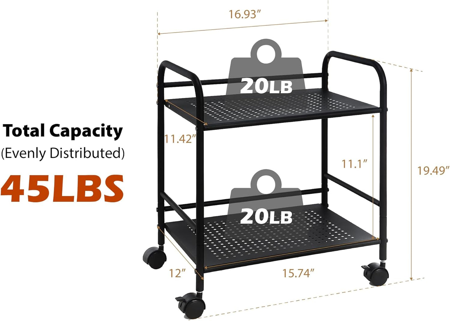 SunnyPoint 2-Tier Metal Rolling Utility Cart – Mobile Storage Shelf with Caster Wheels – Small