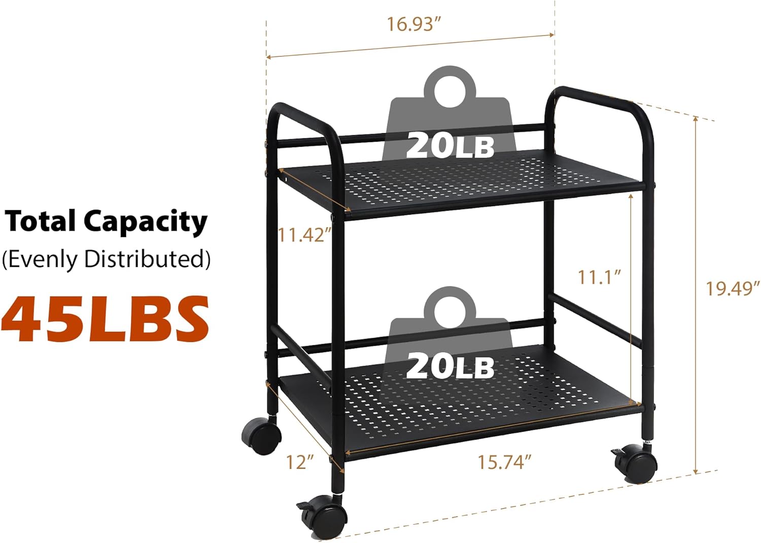 SunnyPoint 2-Tier Metal Rolling Utility Cart – Mobile Storage Shelf with Caster Wheels – Small