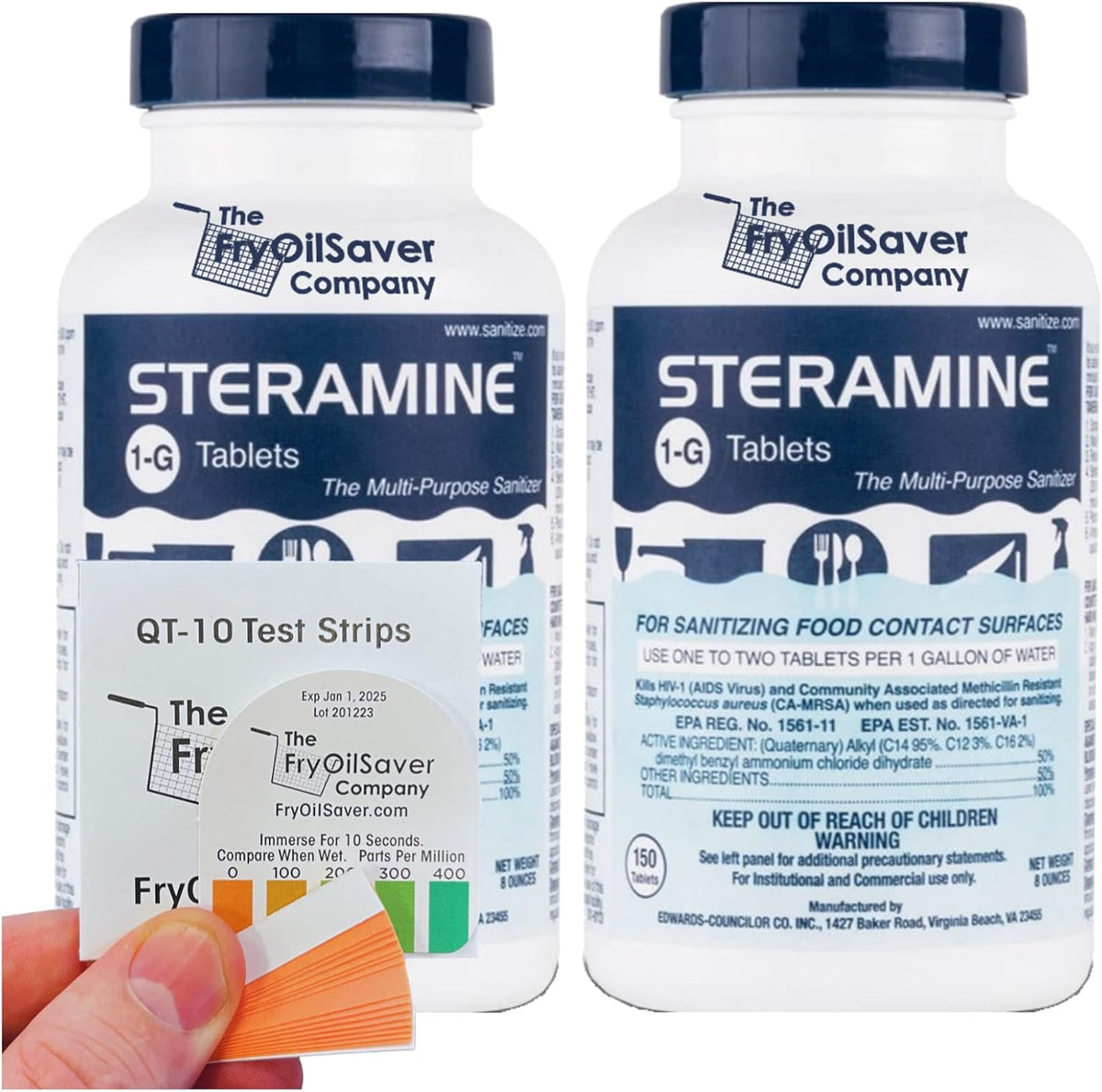 2 Bottles Steramine Sanitizer Tablets - 15x QT-10 Test Strip - Multi Purpose Steramine Sanitizing