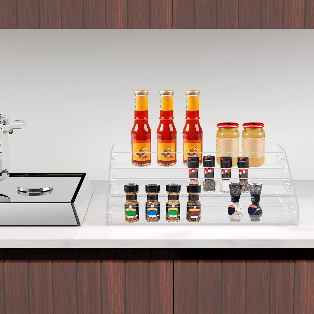 PMMASTO Widen Tiered Spice Rack, Seasoning Organizer, Clear Acrylic Vertical Shelves Can Organizer