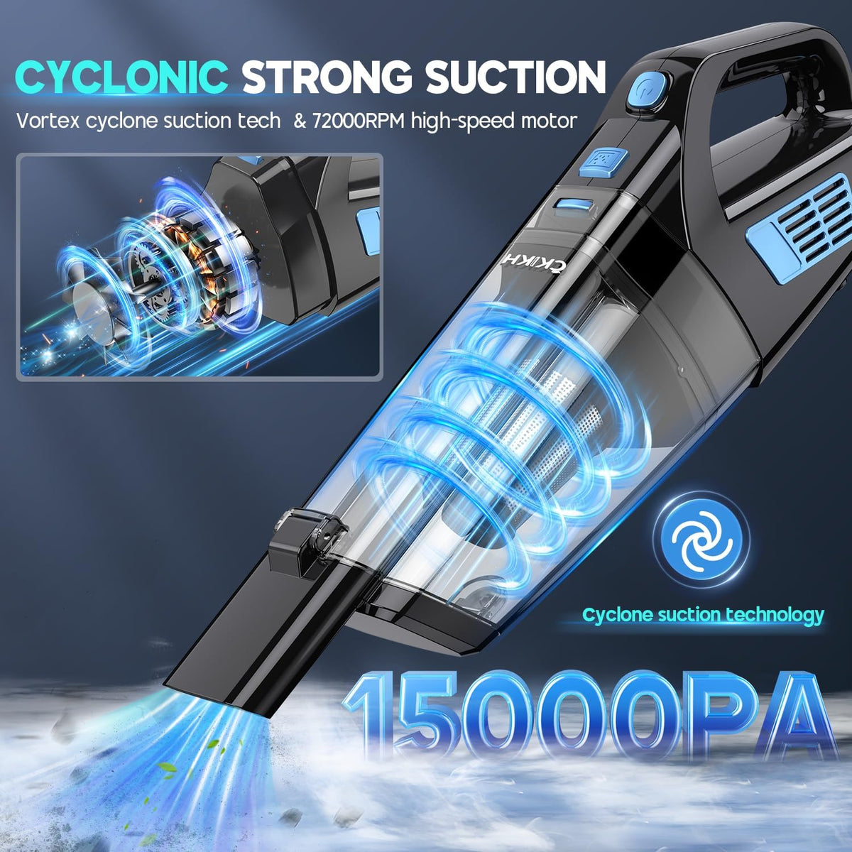Handheld Vacuum Cordless, 15000PA Strong Suction Hand Held Car Vacuum Cleaner Portable with