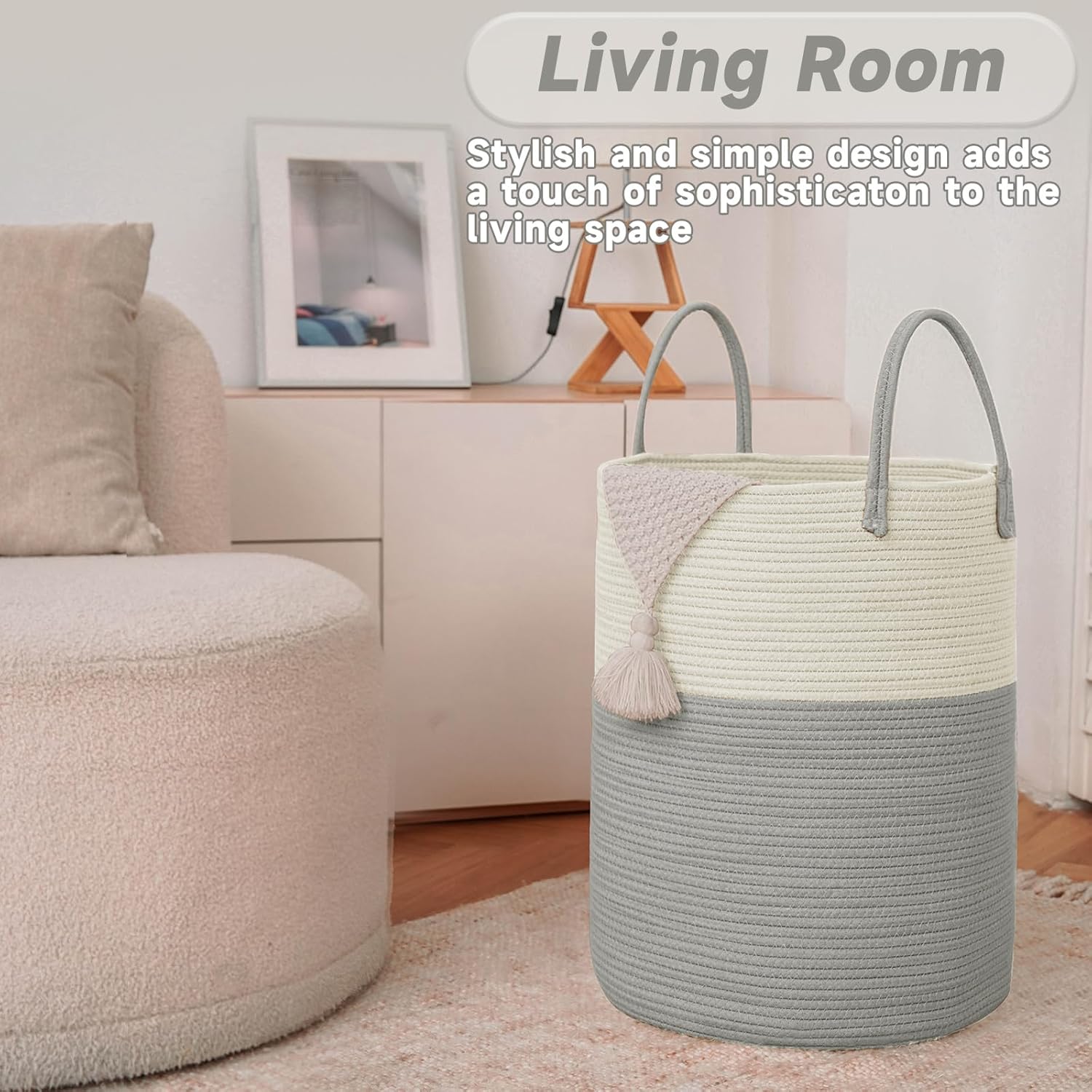 Large Woven Laundry Basket Hamper,100L Cotton Rope Storage Bin for Blankets,Toys and
