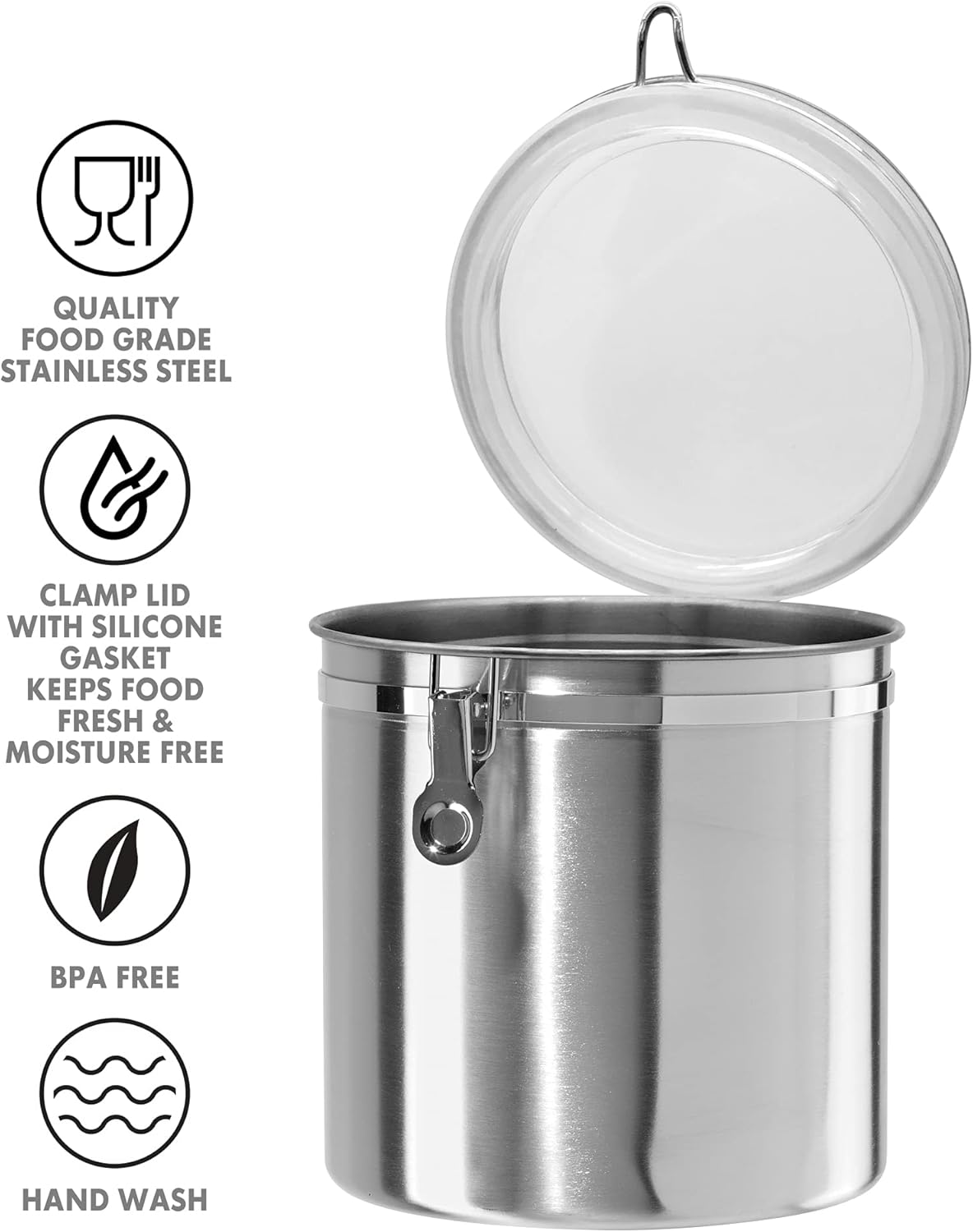 Oggi Stainless Steel Kitchen Canister 152 fl oz - Airtight Clamp Lid, Clear See-Thru Top - Ideal