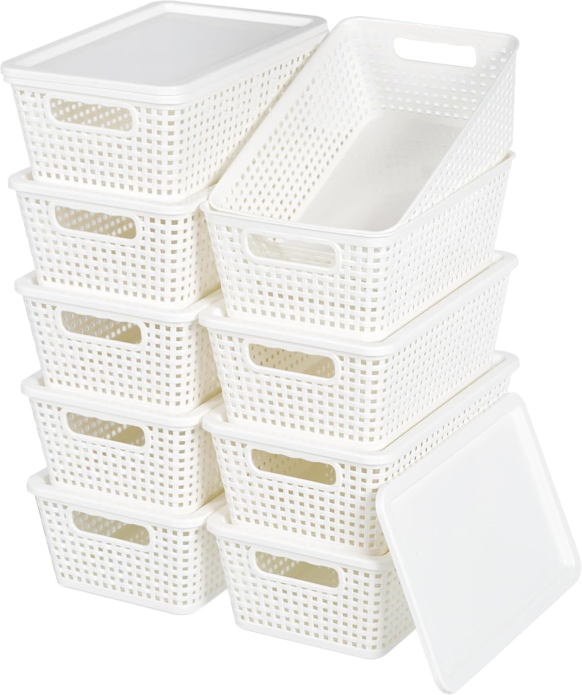 Plastic Storage Baskets With Lid, Storage Bins for Organizing, Stackable Decorative Containers for