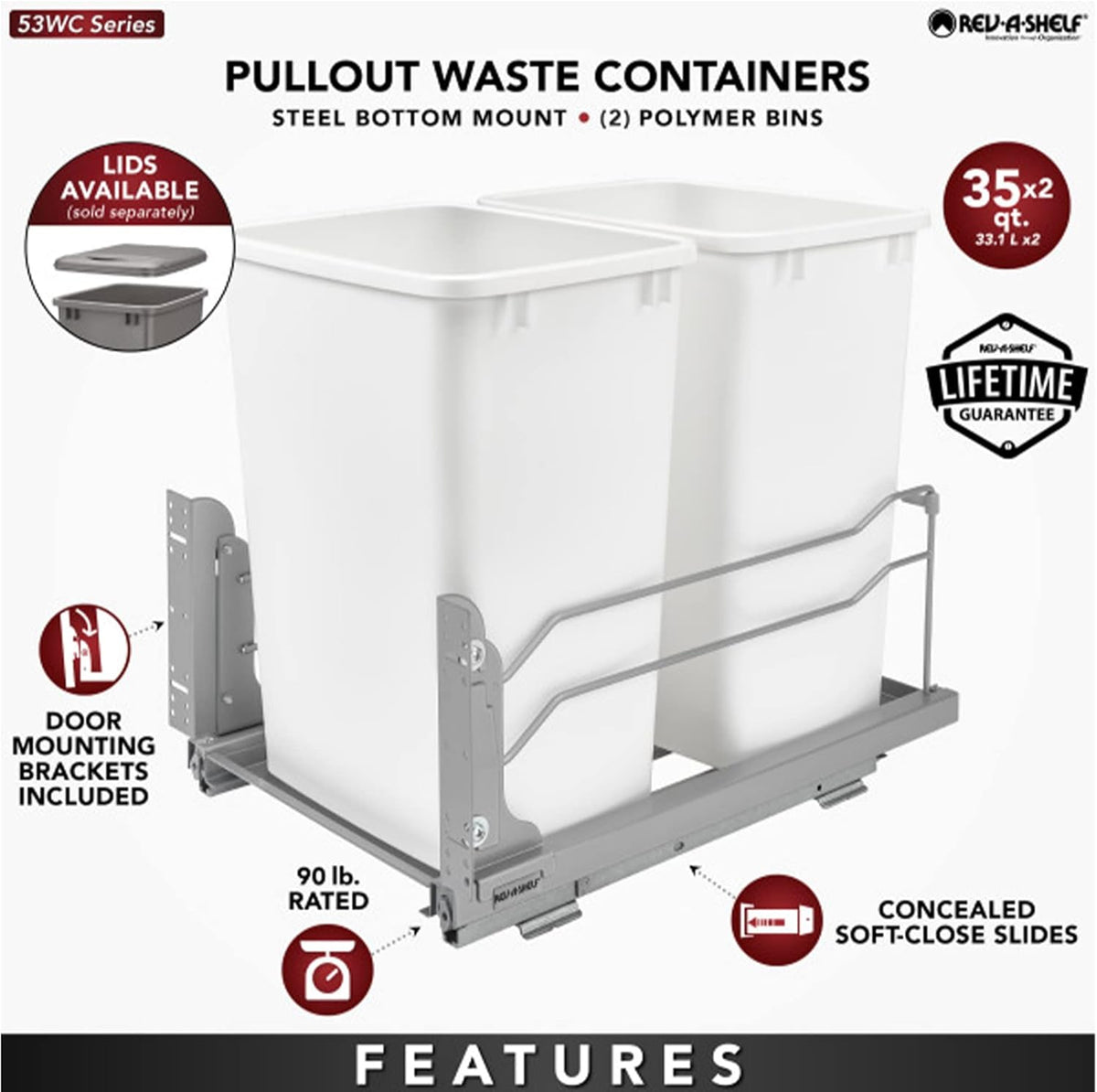Rev-A-Shelf Double Trash Can Under Kitchen Cabinets Pullout, 35 Quart 8.75 Gallon with Soft-Close