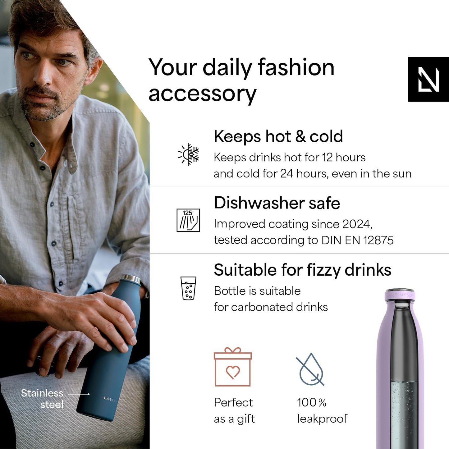 LARS NYSØM Stainless Steel Insulated Water Bottle 12oz 17oz 25oz 34oz 51oz | Insulated Thermo Flask