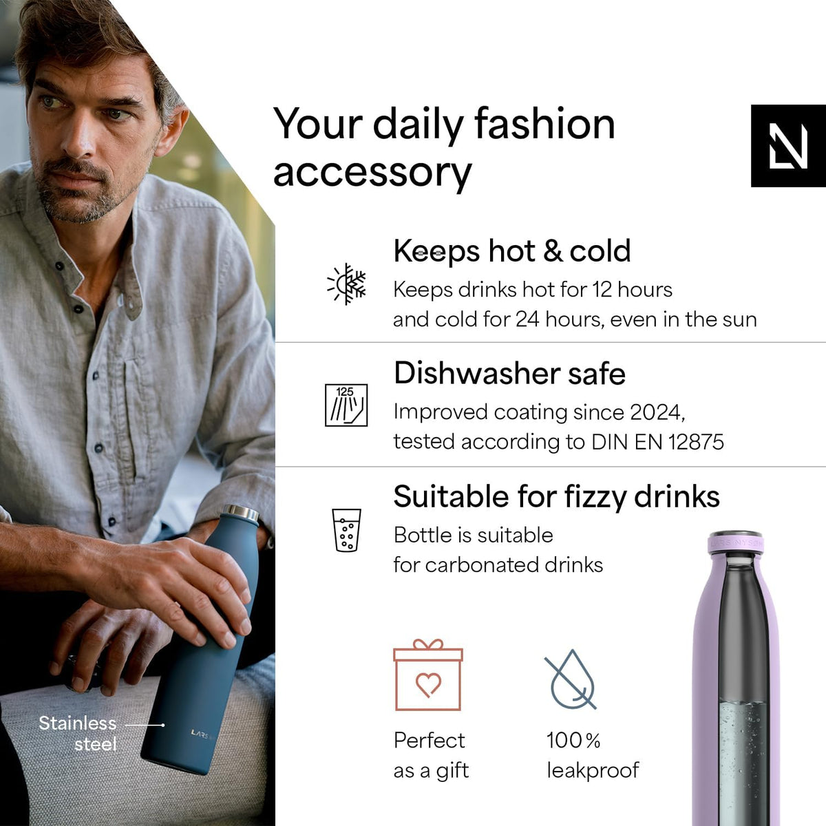 LARS NYSØM Stainless Steel Insulated Water Bottle 12oz 17oz 25oz 34oz 51oz | Insulated Thermo Flask