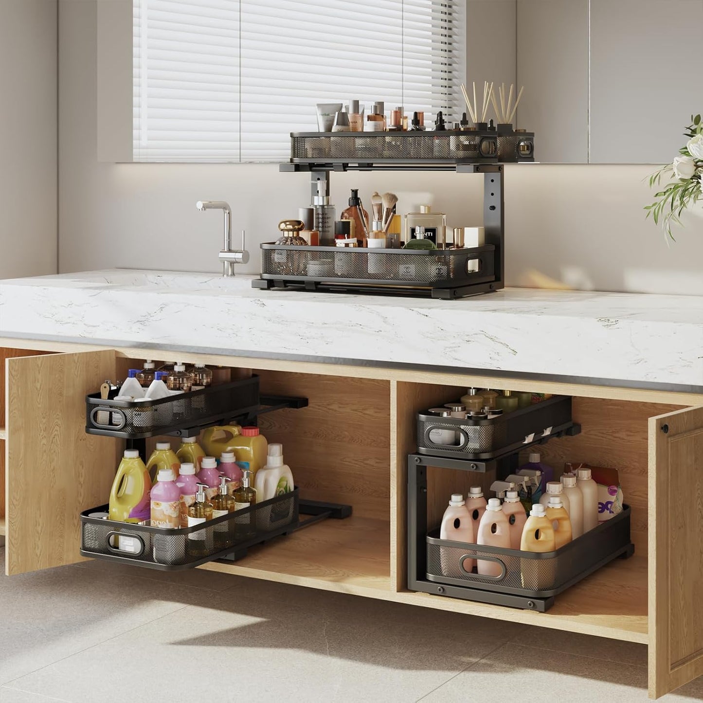 2 Pack 19.3IN-Depth Under Sink Organizer with Smooth Cylindrical Rail,2-Tier Pull Out Multi-Purpose