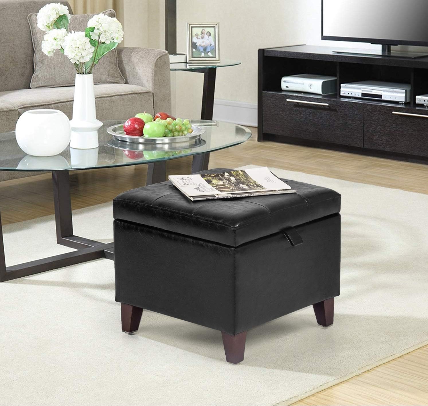 Adeco Storage Ottoman Foot Rest Stool, Leather Ottoman Footstool with Solid Wood Legs and Hinged