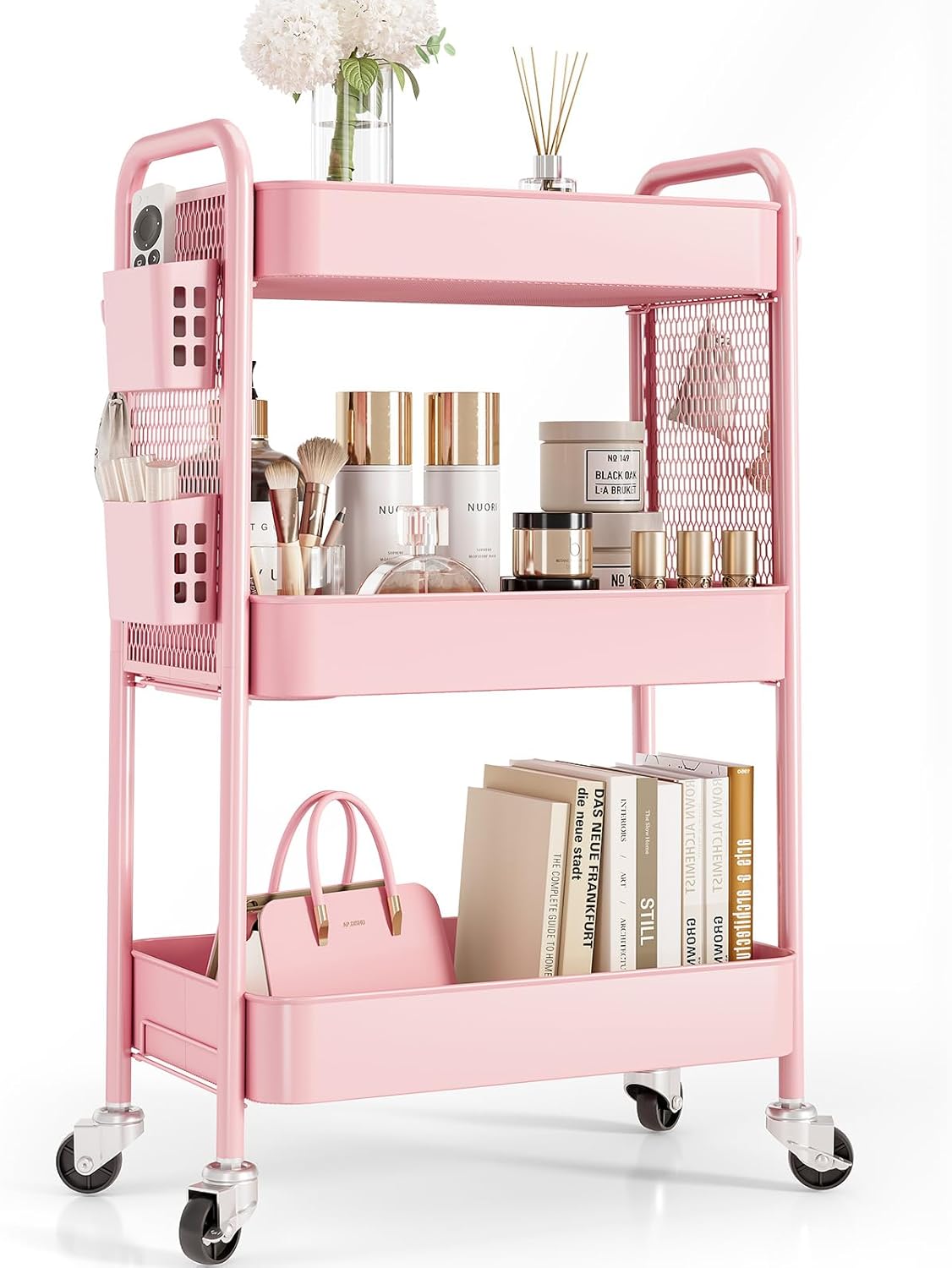 TOOLF 3 Tier Rolling Cart Storage Organizer, Metal Rolling Utility Cart with Wheels, Hooks & Bins
