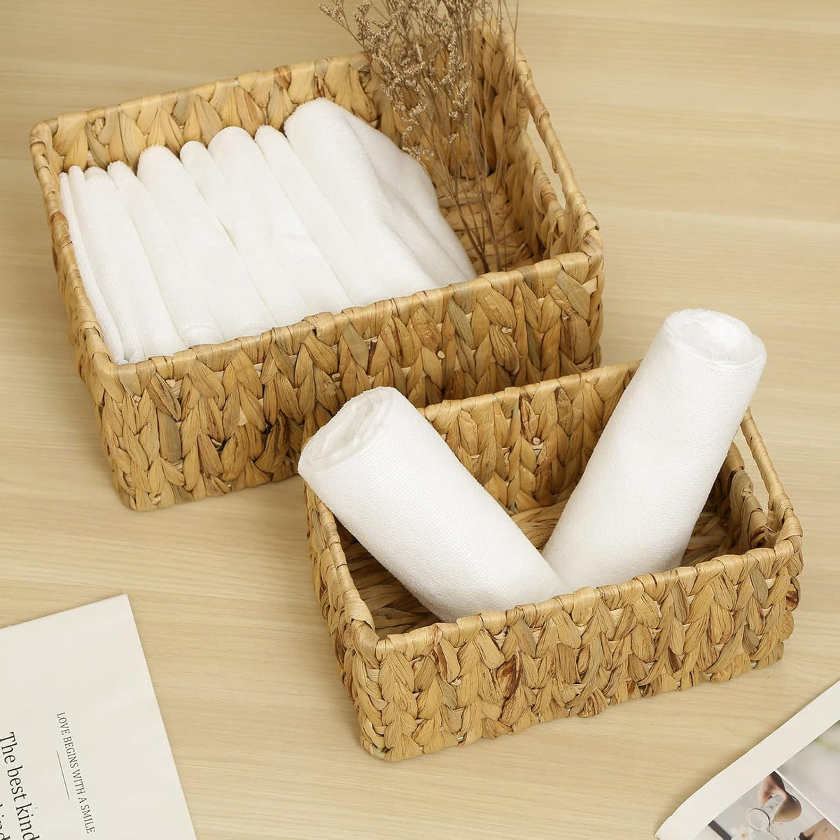 HOONEX Water Hyacinth Storage Baskets, Wicker Baskets for Storage, Hand Woven Baskets with Carry