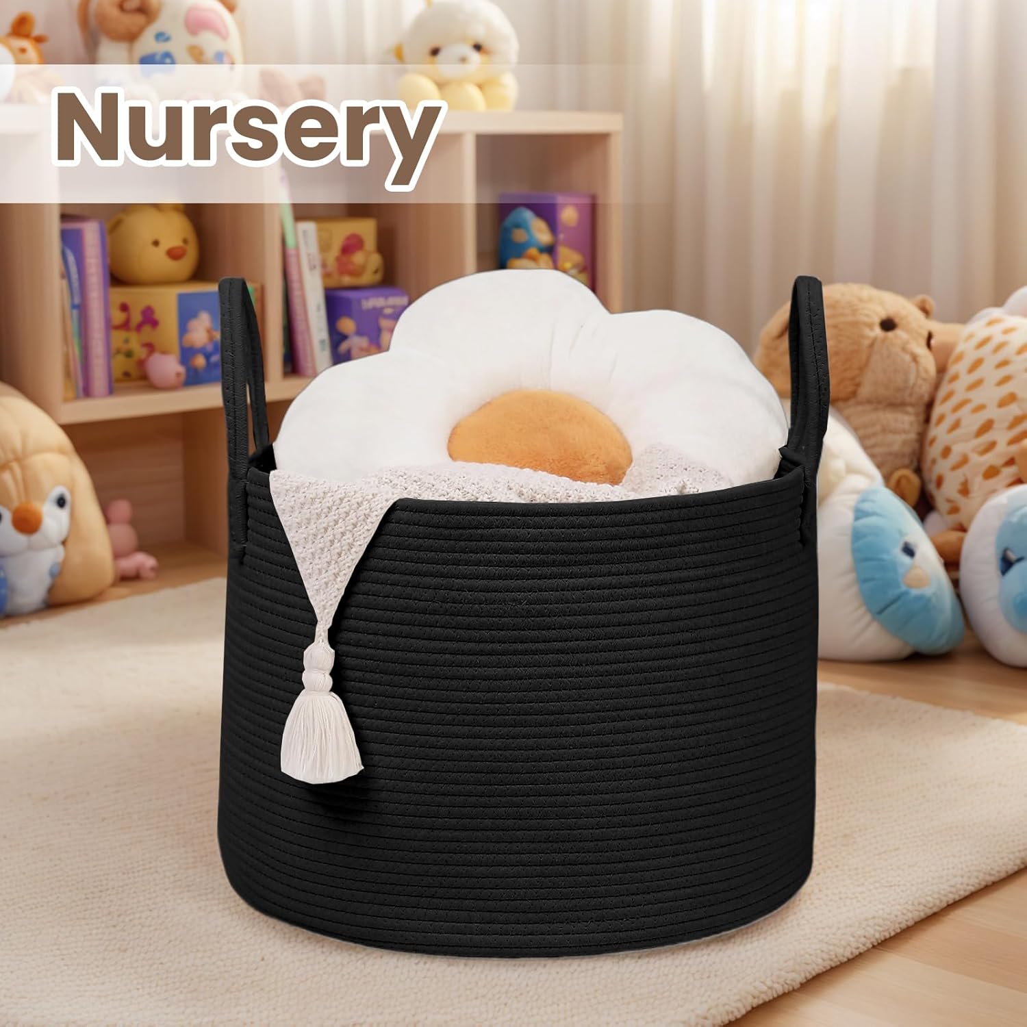 Woven Blanket Basket,115L Large Rope Storage Bin with Handles, Organizer for Blankets Toys Book and
