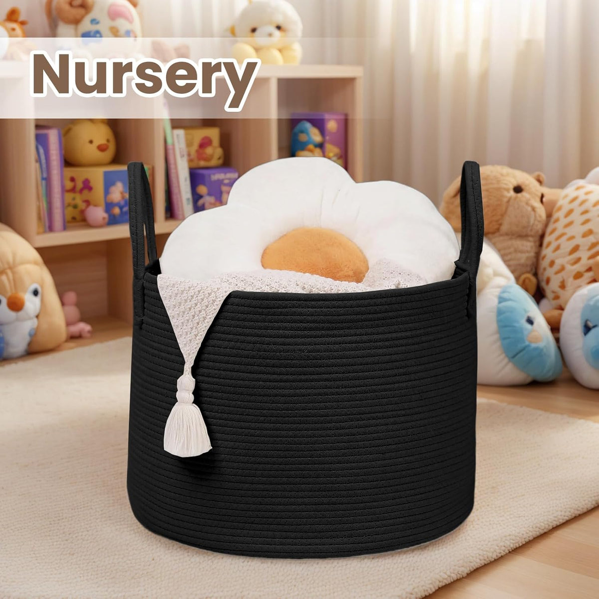 Woven Blanket Basket,65L Large Rope Storage Bin with Handles, Organizer for Blankets Toys Book and